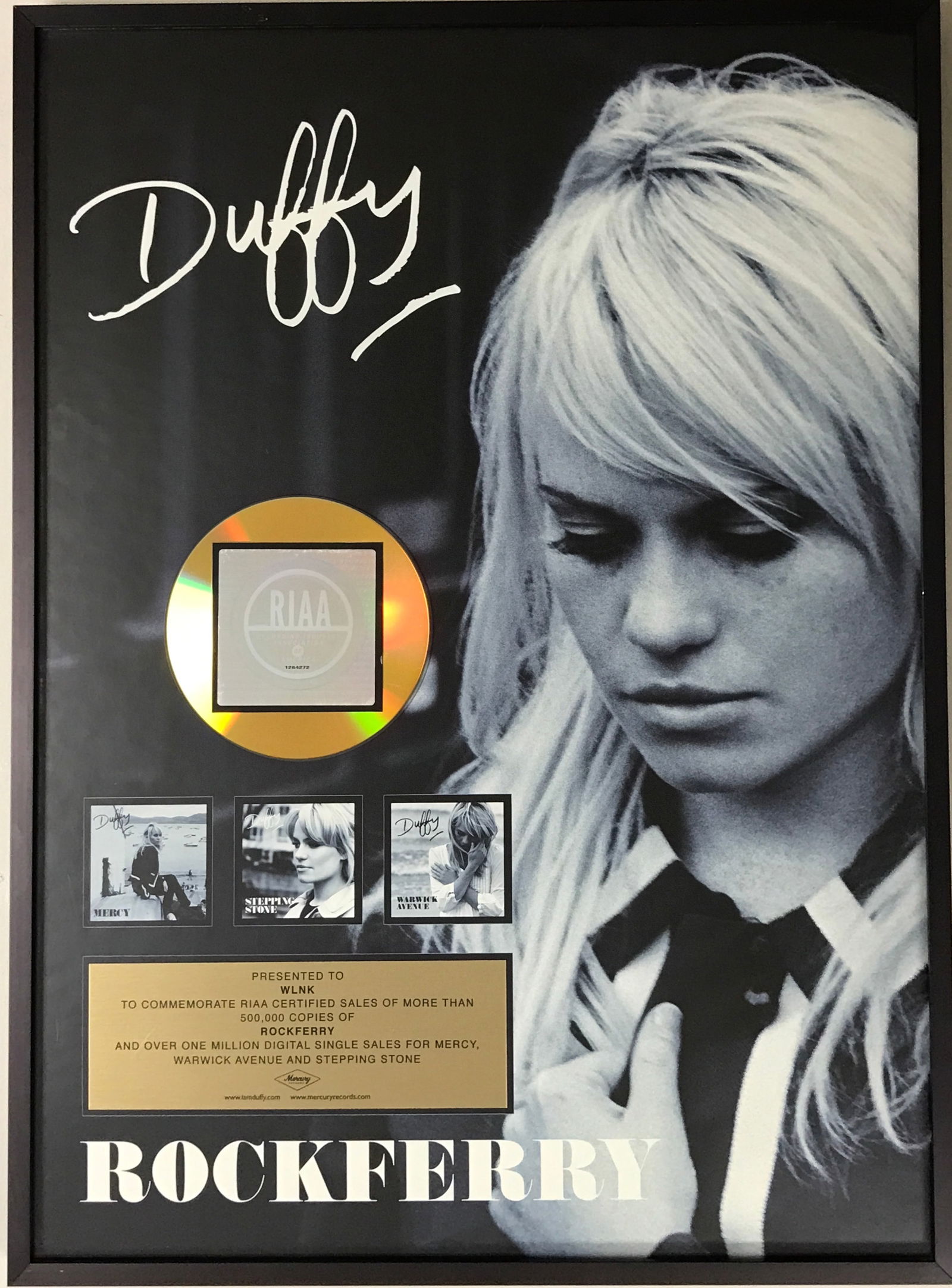 Duffy Rockferry Combo Album/Singles RIAA Gold Award: RIAA Gold Album award for Duffy album Rockferry and singles "Mercy", "Stepping Stone", and "Warwick Avenue". The album was released on May 13, 2008, and was certified Gold just a month later on June 2