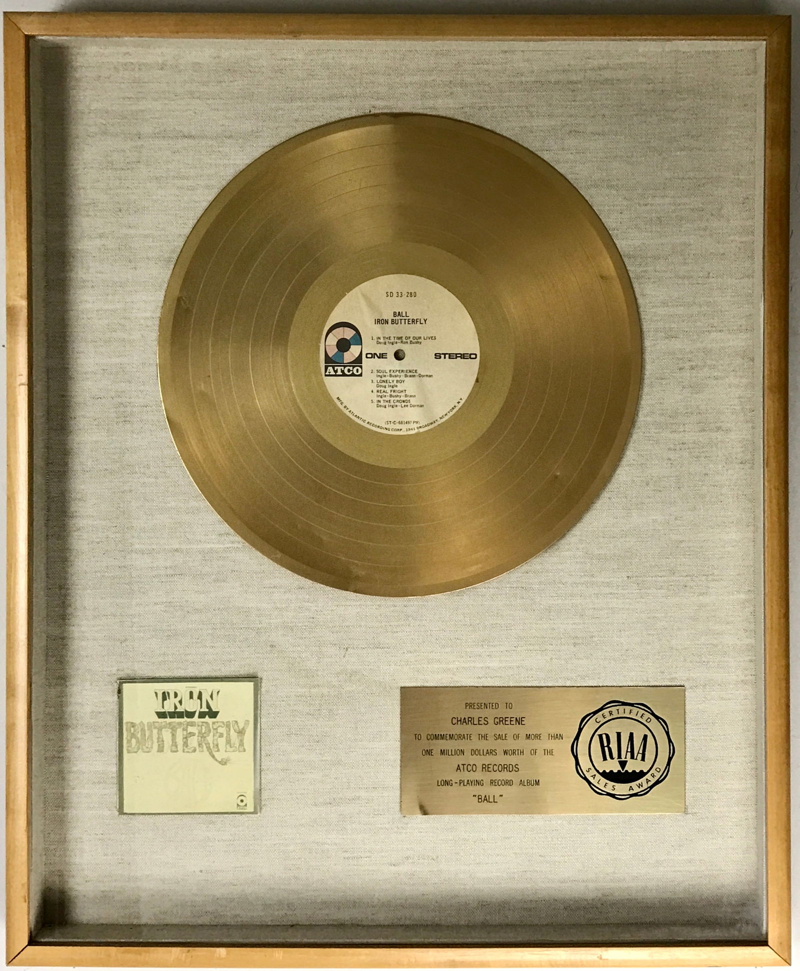 Iron Butterfly Ball RIAA Gold LP Award - RARE (1 of 6)
