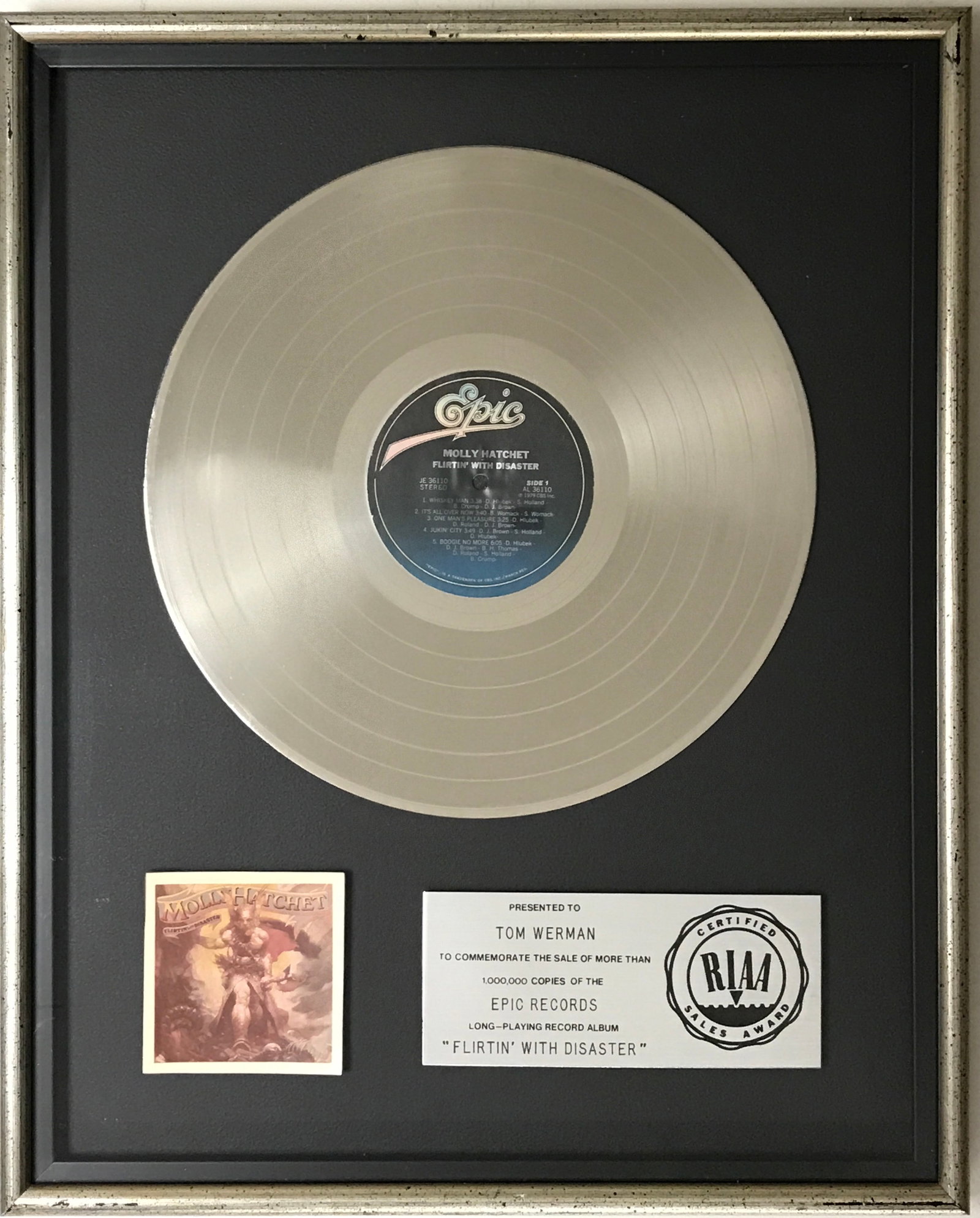 Molly Hatchet Flirtin' With Disaster RIAA Platinum LP Award: RIAA Platinum album award for Molly Hatchet album Flirtin' With Disaster. Released on Sept. 1, 1979, the album was certified Platinum by the RIAA on Feb. 22, 1980 for one million copies sold. Remember