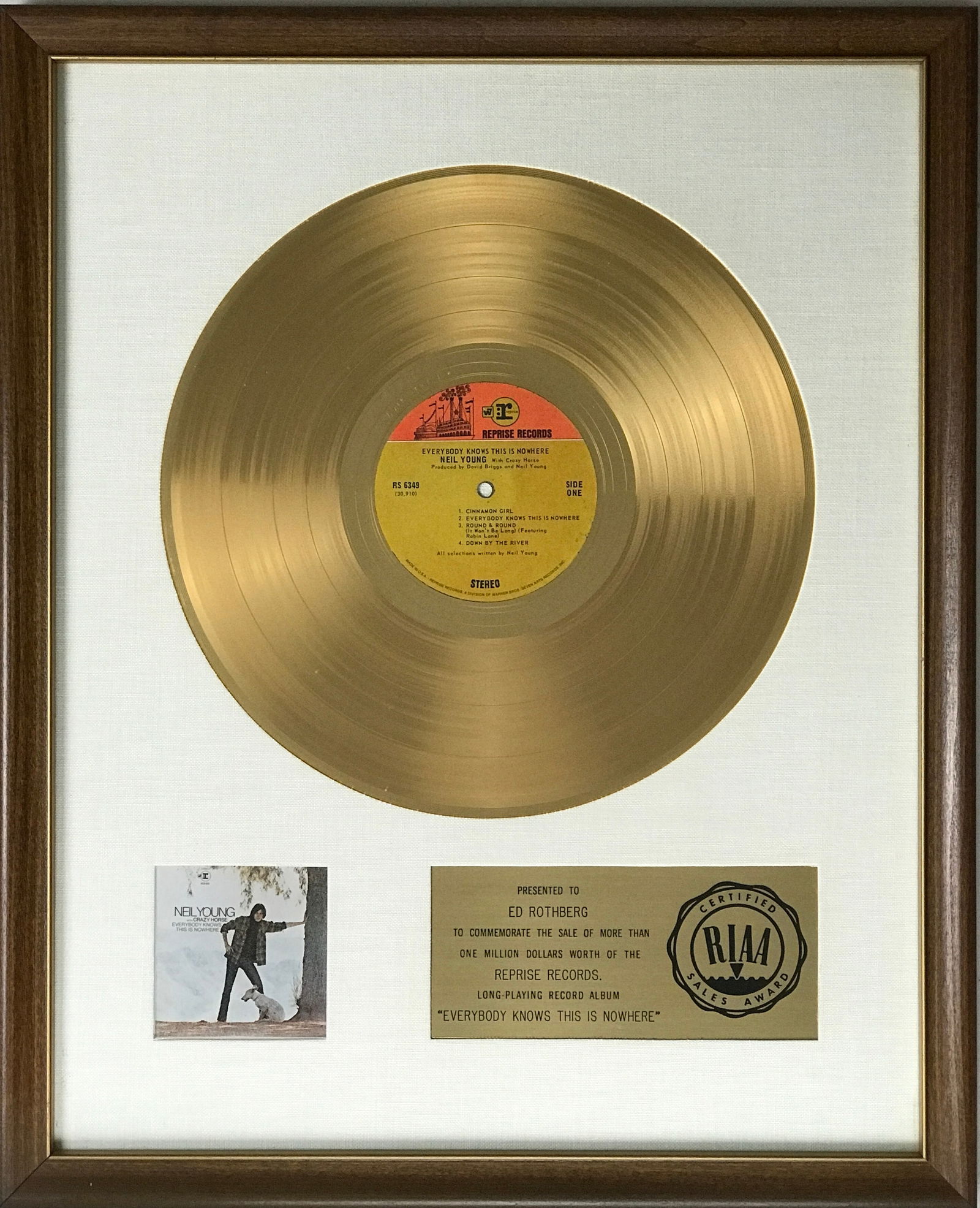 Neil Young Everyone Knows This Is Nowhere White Matte RIAA Gold LP Award - RARE: RIAA Gold LP "white matte" award for Neil Young album Everyone Knows This Is Nowhere. Released on May 1, 1969 the album was certified Gold by the RIAA on Oct. 16, 1970 for one million dollars worth so