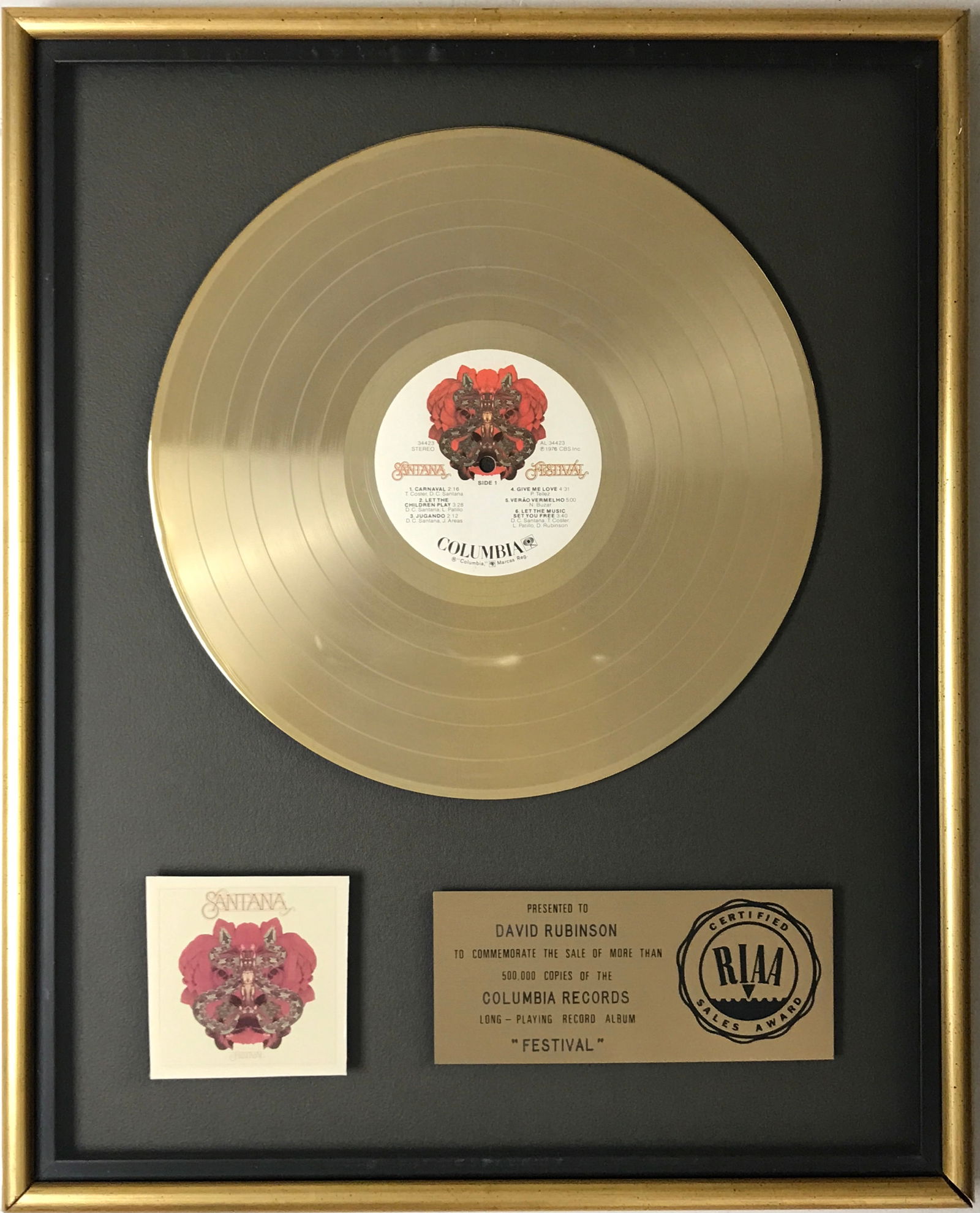 Santana Festival RIAA Gold LP Award: RIAA Gold LP award for Santana's Festival album which was released in January 1977. The album was certified Gold by the RIAA on April 26, 1977 for 500,000 copies sold. The album, th