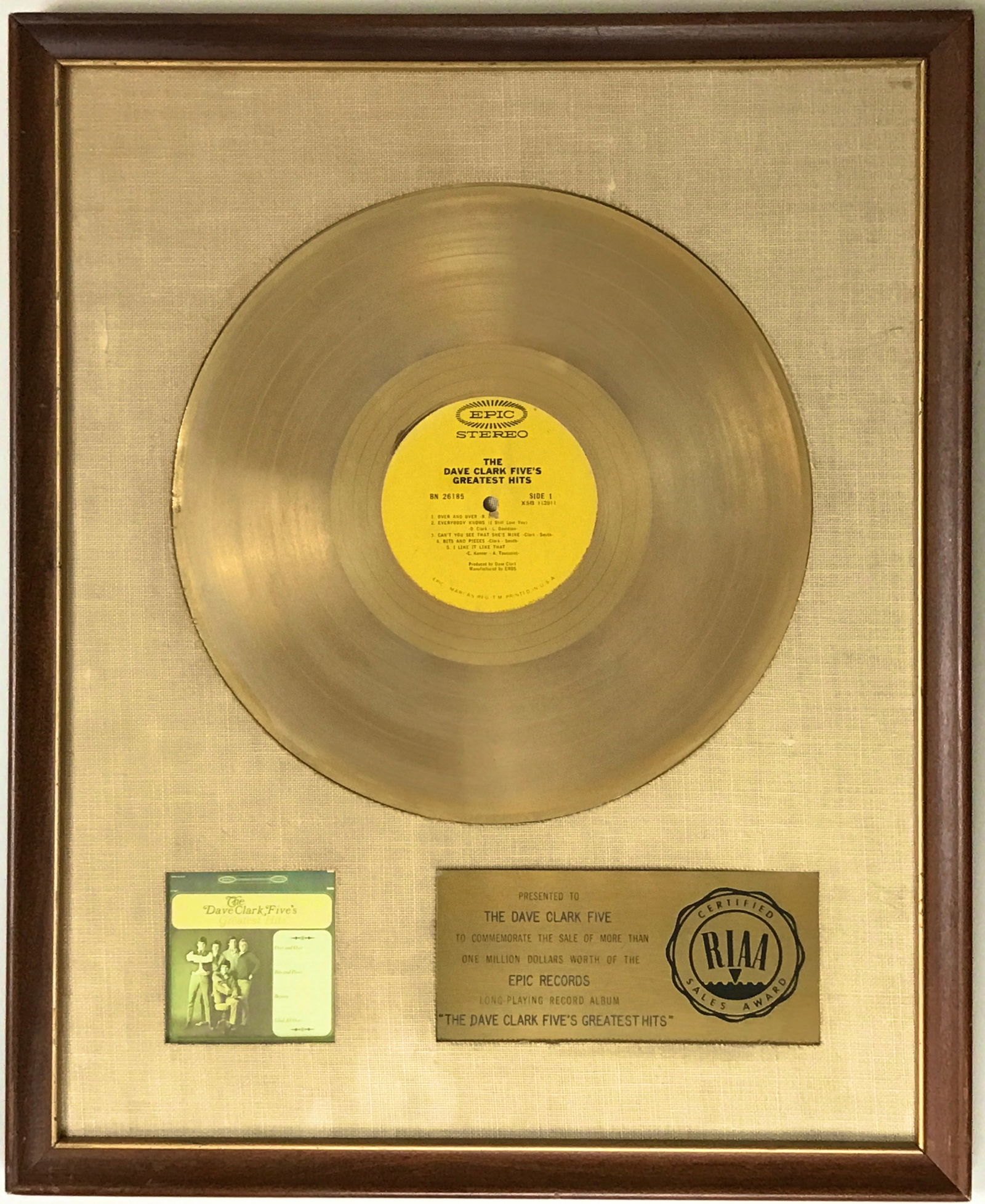 The Dave Clark Five Greatest RIAA Gold Award to DC5: RIAA Gold award for The Dave Clark Five's Greatest Hits LP presented to The Dave Clark Five, which was released in 1966 and certified Gold by the RIAA on August 24, 1966 for one million dollars worth