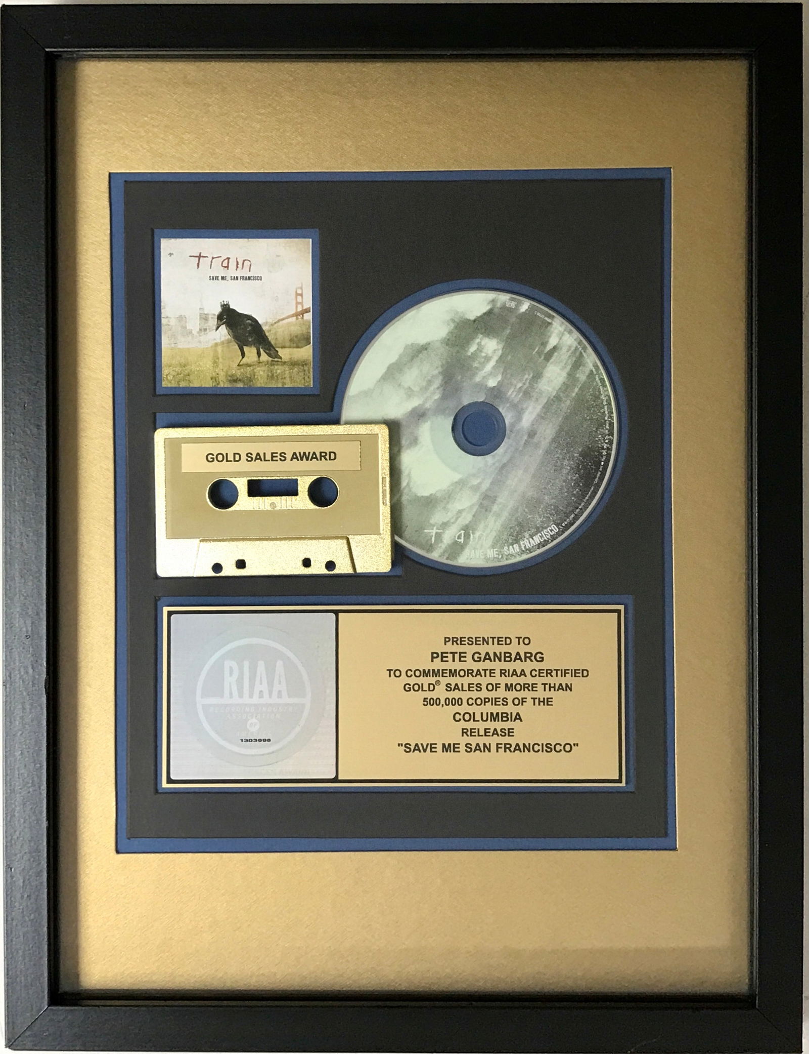 Train Save Me San Francisco RIAA Gold Album Award: RIAA Gold Award for Train album Save Me San Francisco. Released on Oct. 26, 2009, the album was certified Gold by the RIAA for 500,000 copies sold on Sept. 9, 2010. Hits on this, the group's fifth stu