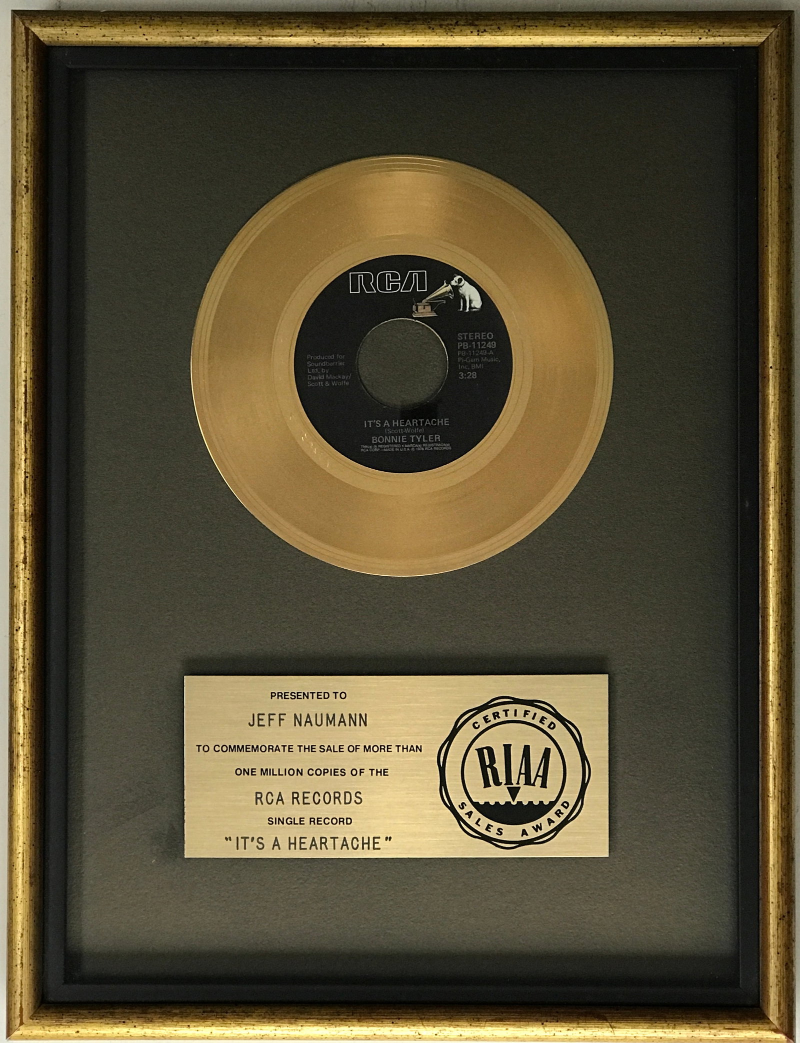 Bonnie Tyler "It's A Heartache" RIAA Gold 45 Single Award (1 of 4)