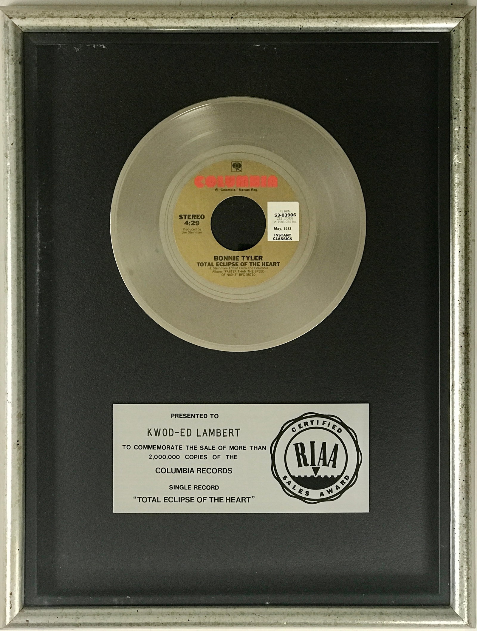 Bonnie Tyler "Total Eclipse Of The Heart" RIAA Platinum Single Award (1 of 6)