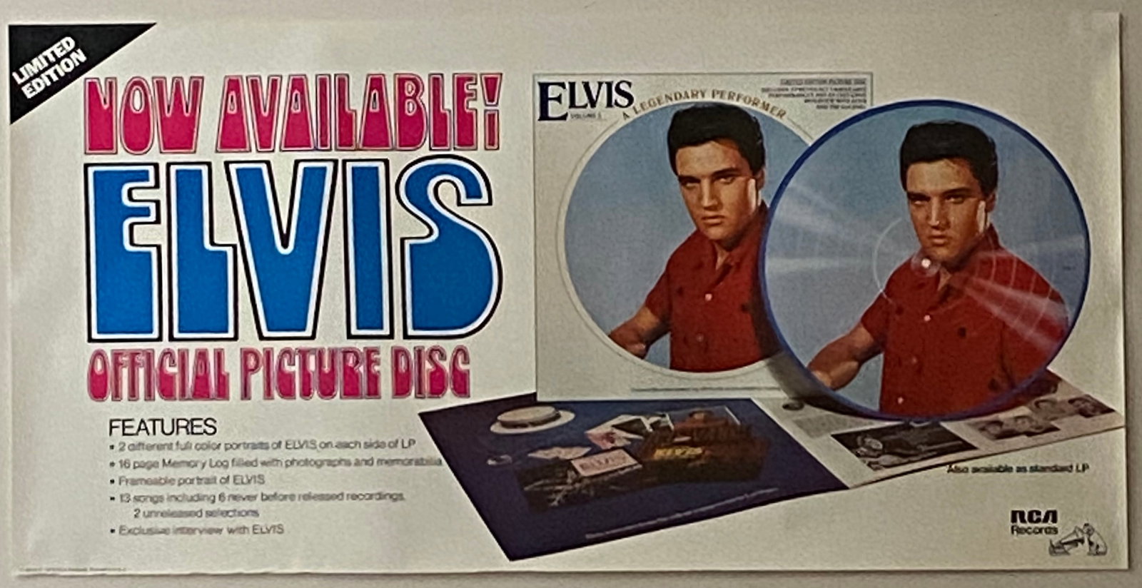 Elvis 1978 Official Picture Disc Promo Poster: Cool banner style Elvis promo poster for the 1978 release of an Elvis Official Picture Disc. This is an original promo poster not a reproduction. Poster is printed on thin poster paper. We p