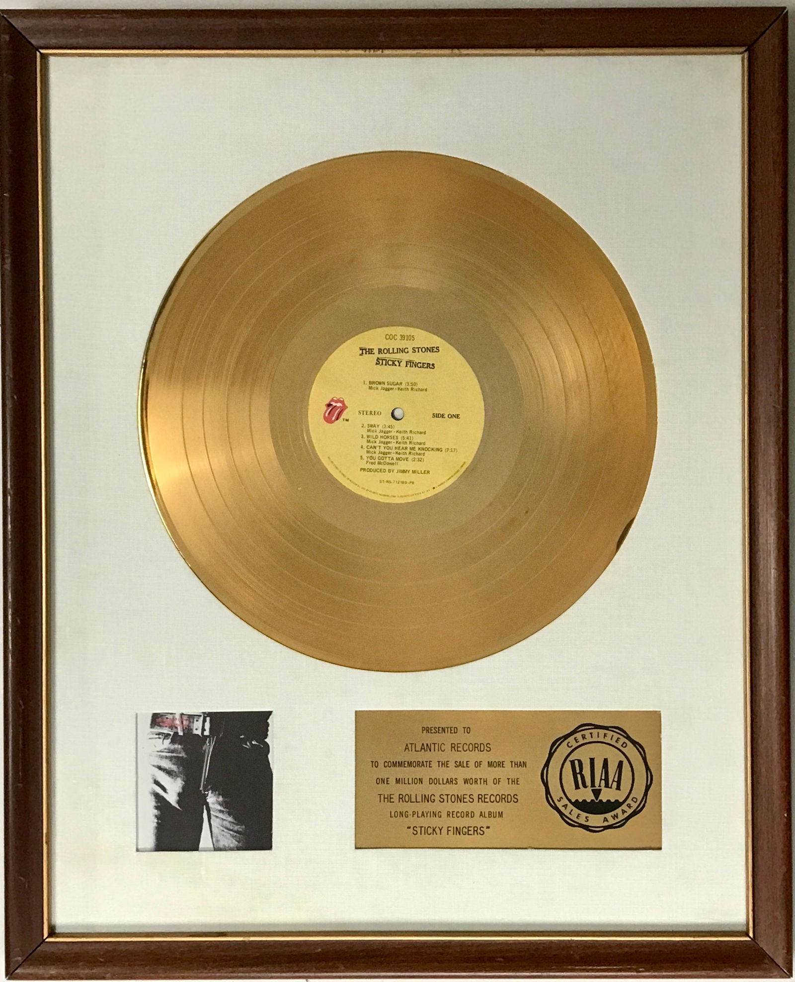 Rolling Stones Sticky Fingers White Matte RIAA Gold LP Award - RARE (1 of 7)