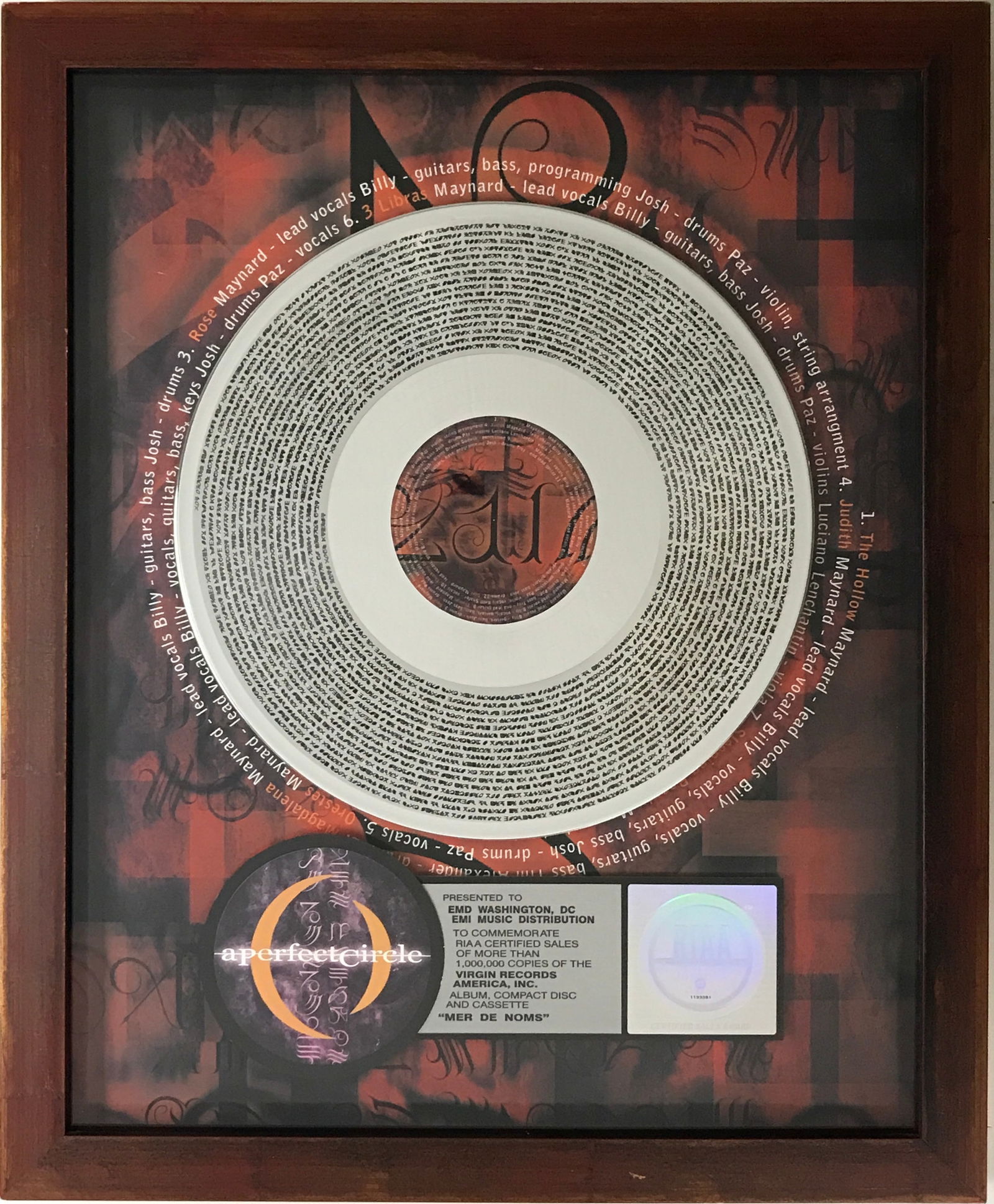 A Perfect Circle Mer de Noms RIAA Platinum Award (1 of 7)