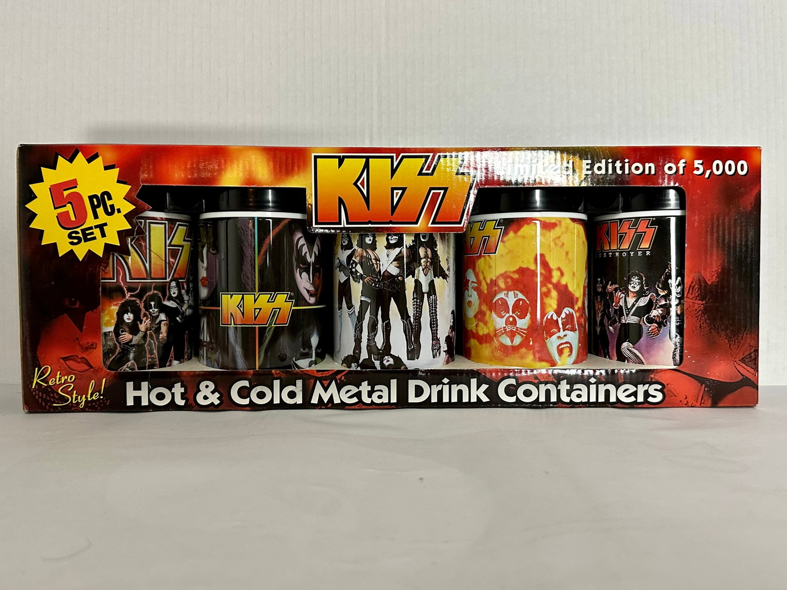 KISS Hot & Cold Metal Cup Set -All 5 NEW IN BOX (LE 2000): Full set of five KISS Hot & Cold Metal Drink Container Set Limited Edition, never opened. These are no longer available for purchase and this set of five cups featuring Kiss covers: Destroyer, Ori