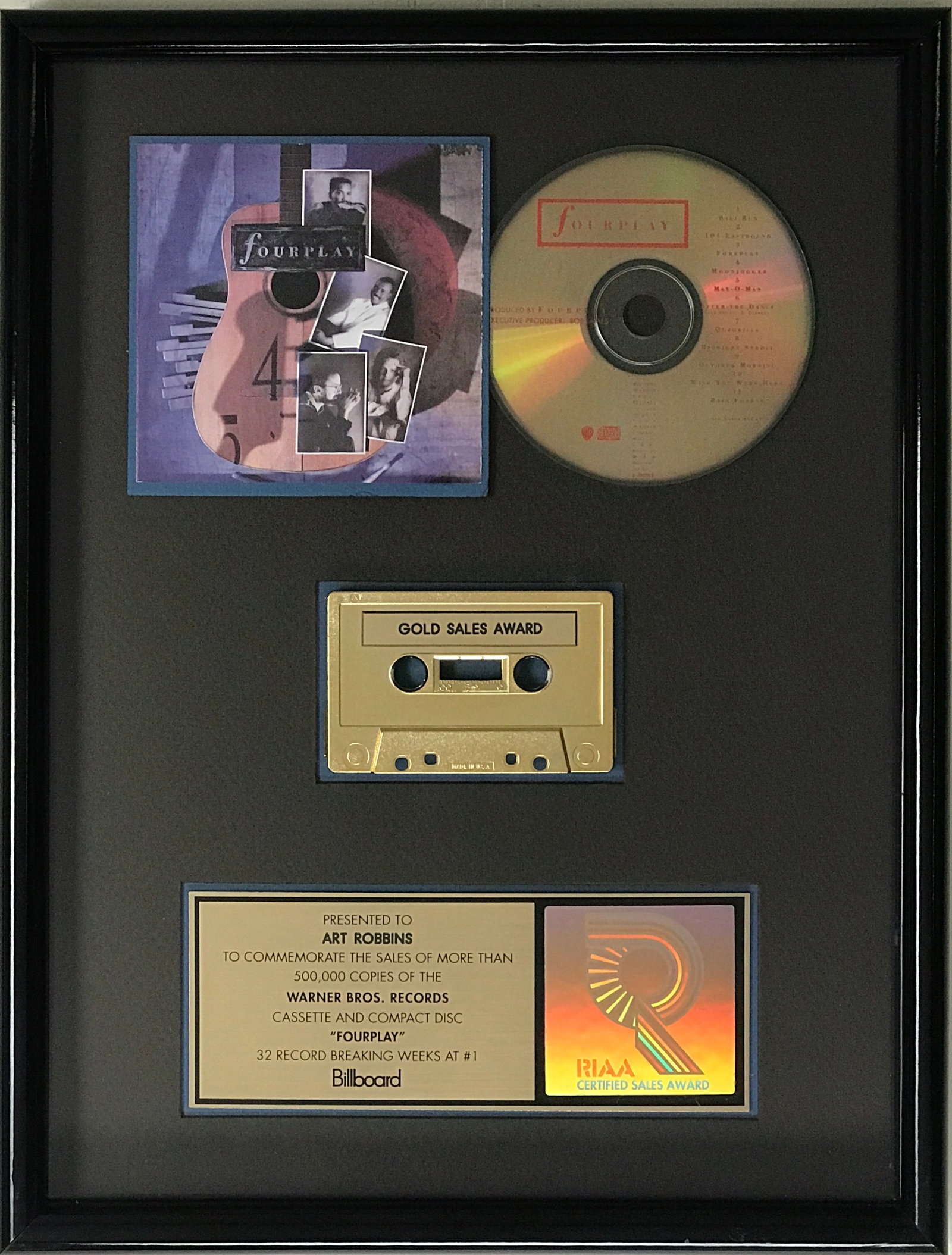 Fourplay debut RIAA Gold Album Award: RIAA Gold Album Award for fOURPLAY's debut album, which was released on Sept. 17, 1991. It was certified Gold by the RIAA on July 15, 1992 for 500,000 copies sold. The group, composed of jazz m