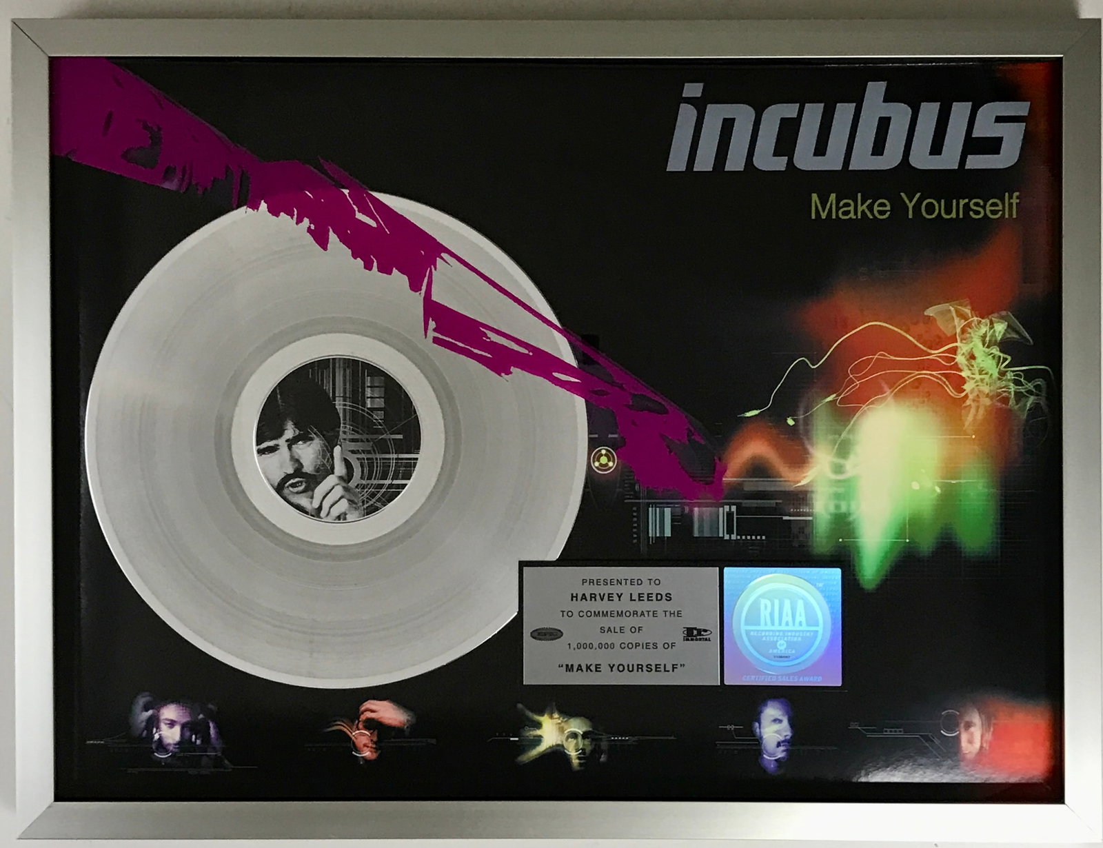 Incubus Make Yourself RIAA Platinum Award: RIAA Platinum Award for Incubus album Make Yourself. Released on Oct. 26, 1999, the album went Platinum for one million copies sold on Oct. 3, 2000, which this award celebrates. Singles "Pardon Me", "