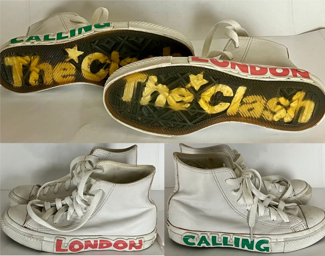 The Clash London Calling '09 Converse High Tops: The Clash Converse "London Calling" limited edition Chuck Taylor high tops, U.S. men's size 4. These cool high top sneakers feature "London Calling" and "The Clash" logos, along with the band member's