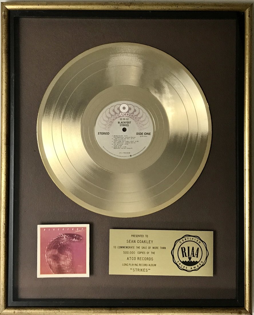 Blackfoot Strikes RIAA Gold Album Award: RIAA Gold Album award for Blackfoot album Strikes. Released Mar. 7, 1979, the album was certified Gold Jan. 23, 1980 by the RIAA for 500,000 copies sold. Hard to find award. The third album from the g