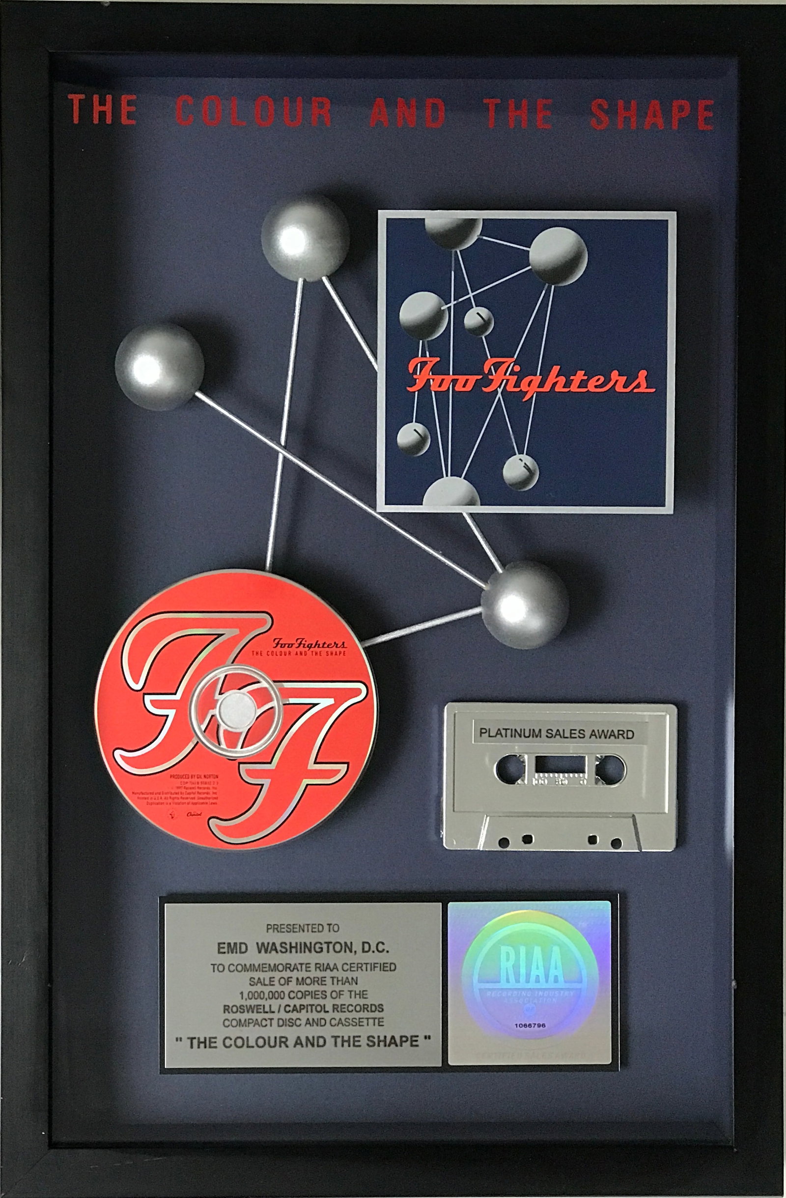 Foo Fighters The Colour And The Shape RIAA Platinum Album Award: RIAA Platinum Award for Foo Fighters The Colour And The Shape. Released on May 20, 1997, it was certified Platinum by the RIAA for one million copies sold on Feb. 26, 1998. Remember Taylor Hawkins (19