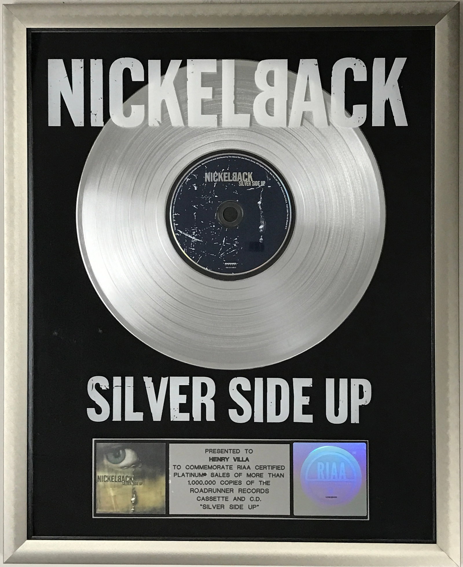 Nickelback Silver Side Up RIAA Platinum Album Award: RIAA Platinum Album Award for Nickelback album Silver Side Up. Released on September 11, 2001, by Oct. 11, 2001 the album was certified Platinum by the RIAA. The third studio album from the Canadian g