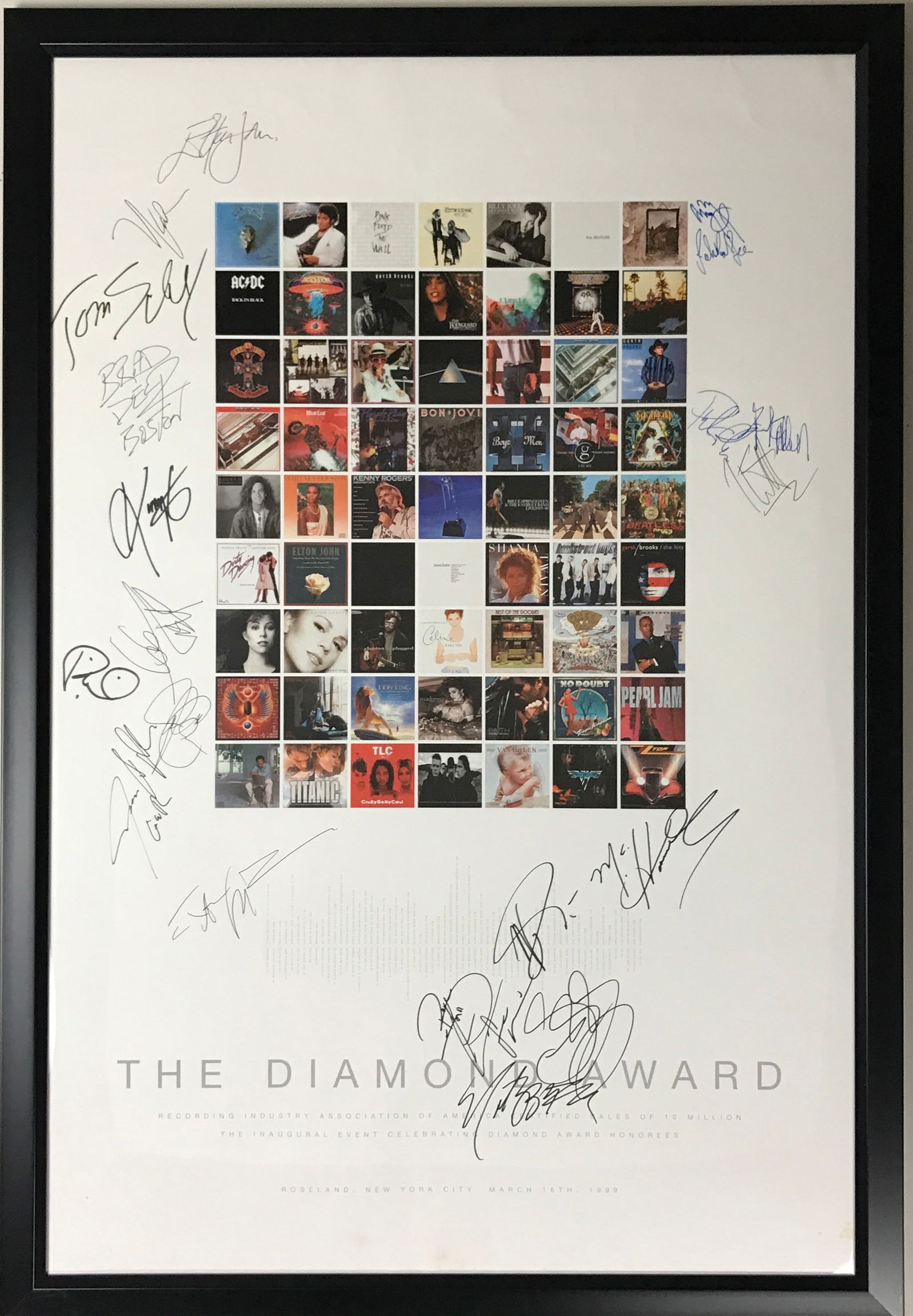 RIAA Poster Signed by members of Led Zeppelin, Boston, Def Leppard, Elton John, Journey,: Incredible 1999 RIAA Diamond Award poster personally owned by Dusty Hill (RIP) of ZZ Top featuring genuine autographs of music royalty. Framed just as Dusty displayed it, the poster features 23 autogr