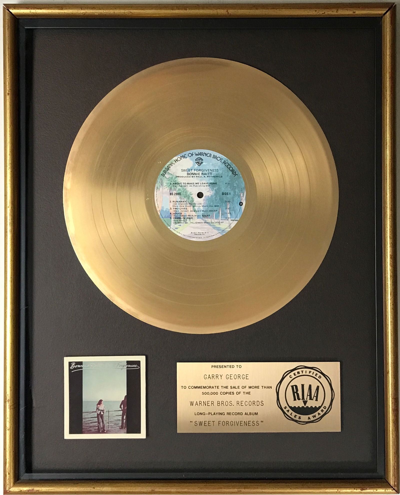 Bonnie Raitt Sweet Forgiveness RIAA Gold LP Award: RIAA Gold album award for Bonnie Raitt album Sweet Forgiveness. Released in April 1977, the album was certified Gold by the RIAA on Oct. 24, 1980 for 500,000 copies sold. This album features Raitt's b