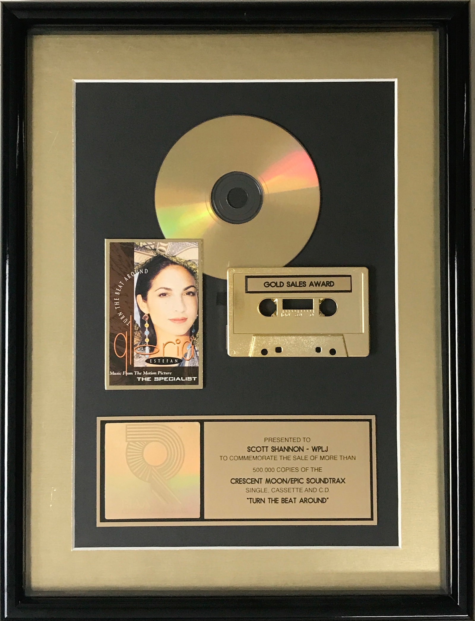 Gloria Estefan "Turn The Beat Around" RIAA Gold Single Award: RIAA Gold single award for Gloria Estefan track "Turn The Beat Around". Released on Sept. 6, 1994, the single went Gold for 500,000 copies sold on Jan. 19, 1995. E