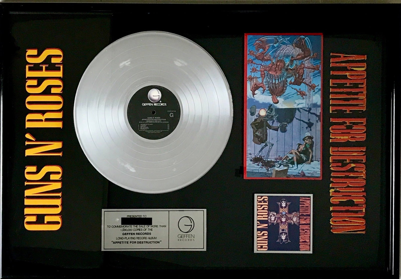 Guns N' Roses Appetite For Destruction Geffen 5 Million Sales Award: Guns N' Roses Geffen Records "5x Platinum" album award for Appetite For Destruction. Appetite was released on July 21, 1987. This award displays the original banned Appetite artwork. The success