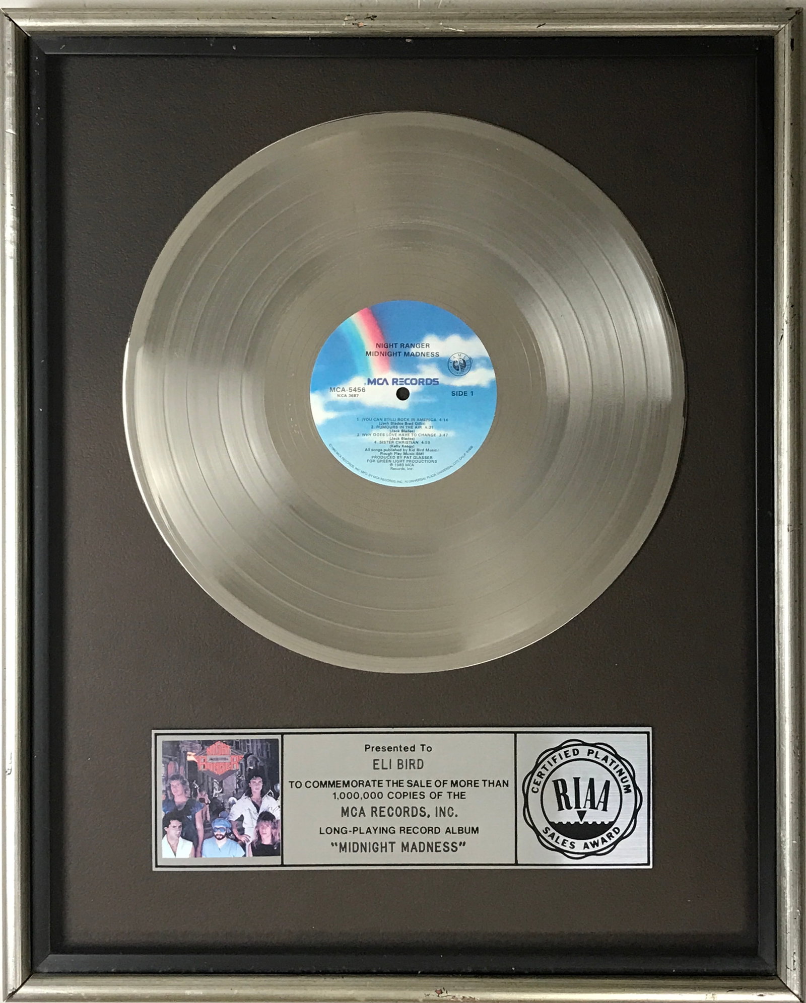 Night Ranger Midnight Madness RIAA Platinum LP Award: RIAA Platinum LP award for Night Ranger album Midnight Madness. It was released on Oct. 26, 1983 and certified Platinum by the RIAA on June 19, 1984 for one million copies sold. The group's second ful