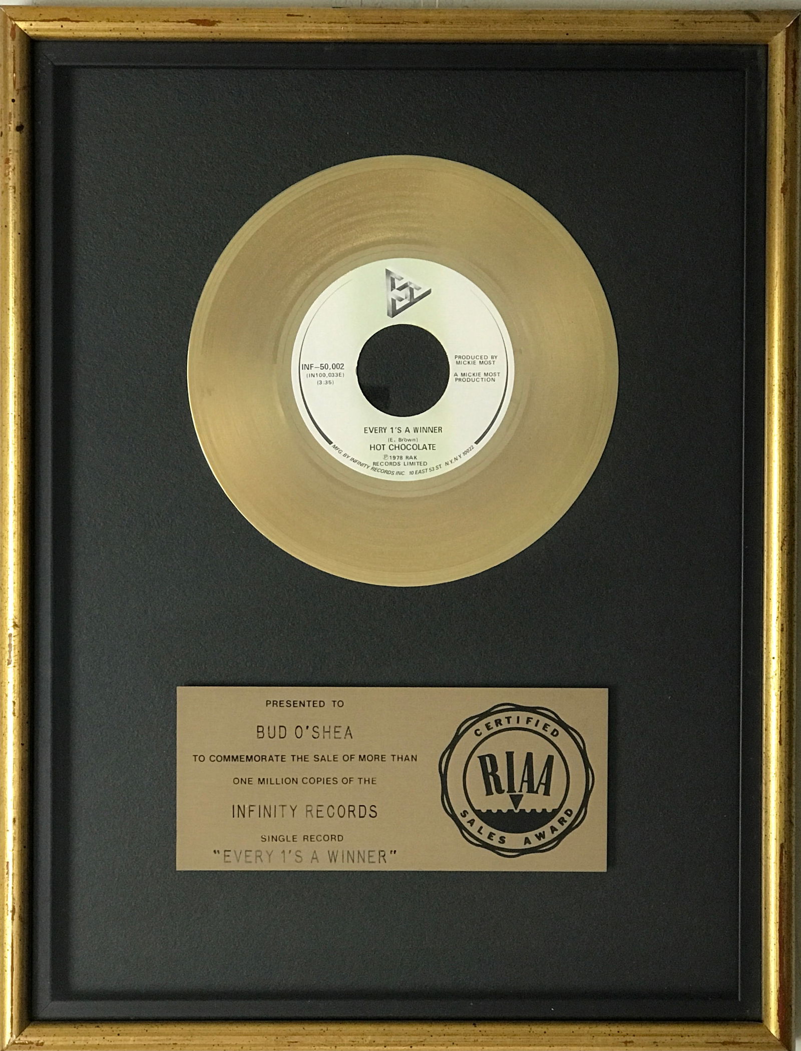 Hot Chocolate "Every 1's A Winner" RIAA Gold Single Award (1 of 4)