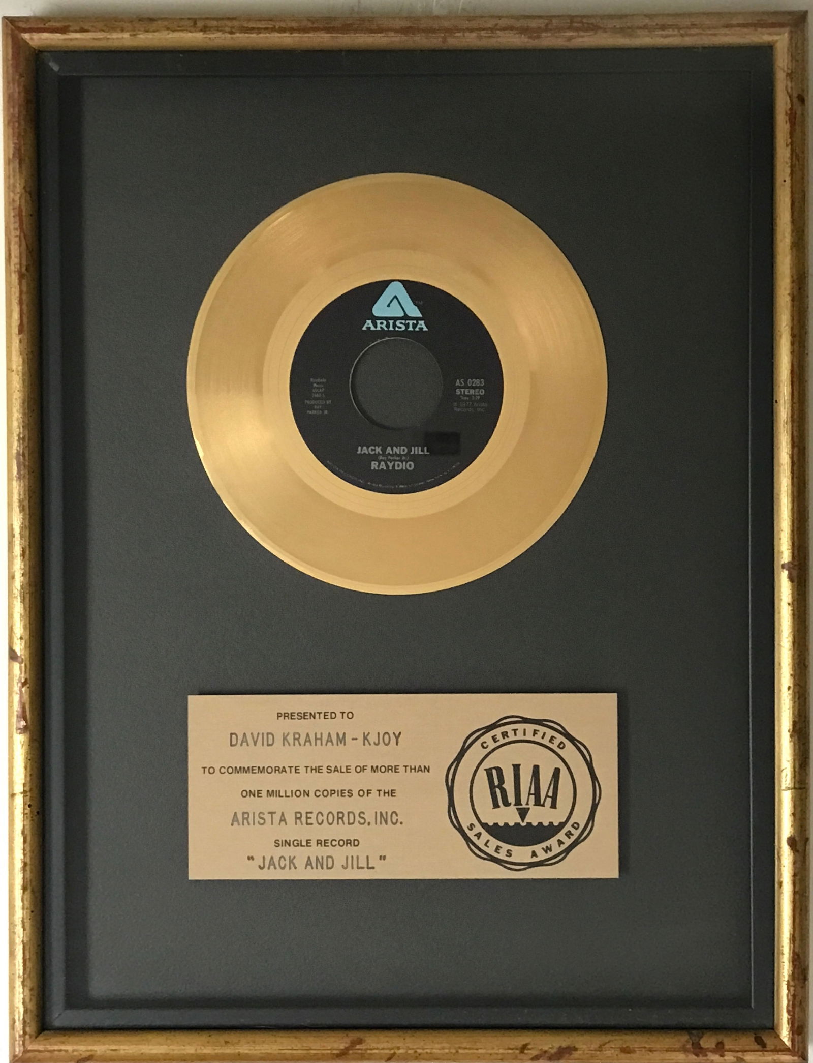Raydio "Jack And Jill" RIAA Gold Single Award: RIAA Gold 45 award for Raydio hit "Jack And Jill", which was released in April 1978. The 45 rpm single was certified Gold by the RIAA on April 26, 1978 for one million copies sold. Before Ray Parker J