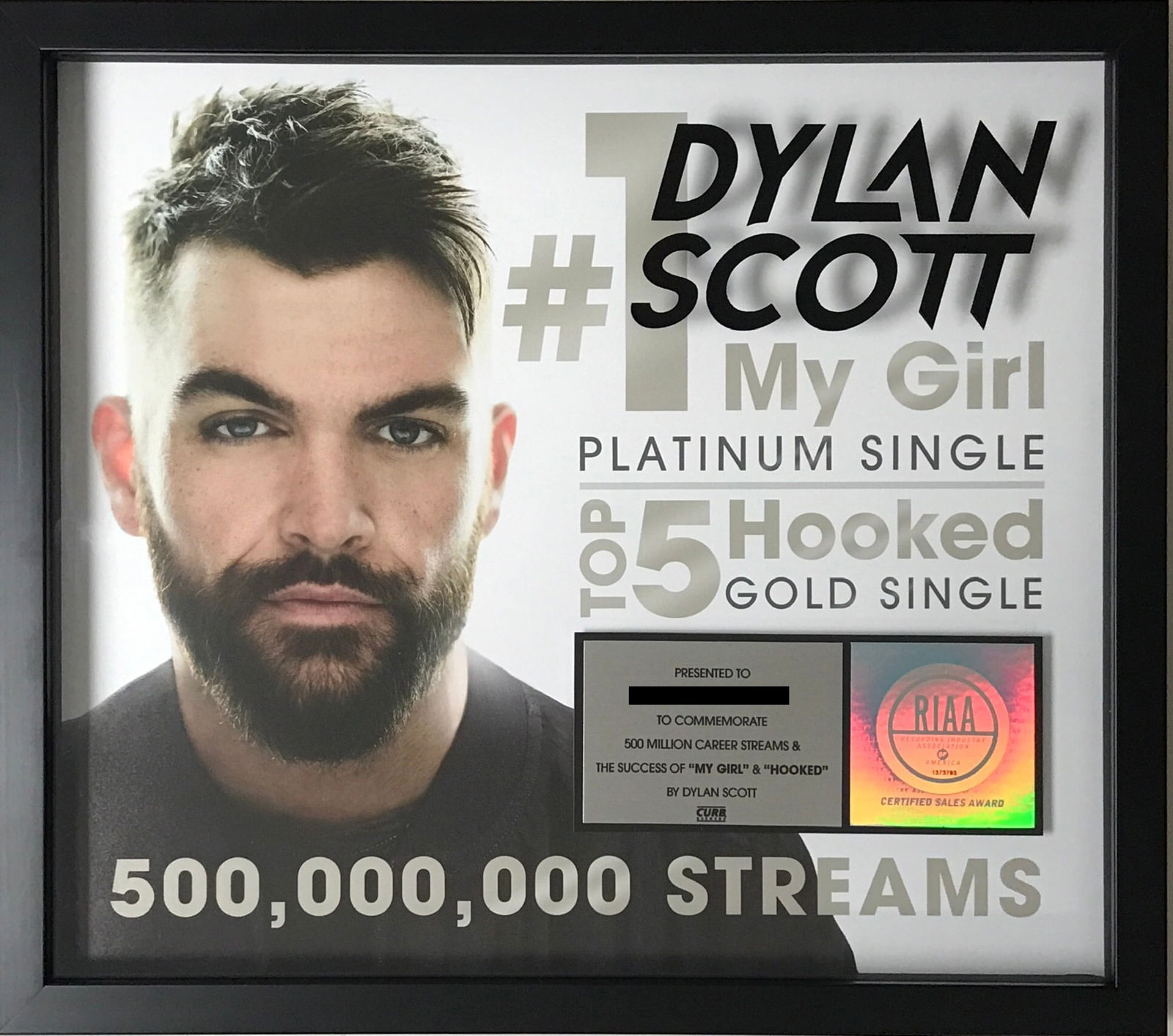 Dylan Scott "My Girl" & "Hooked" RIAA 500M Streams Digital Award (1 of 7)