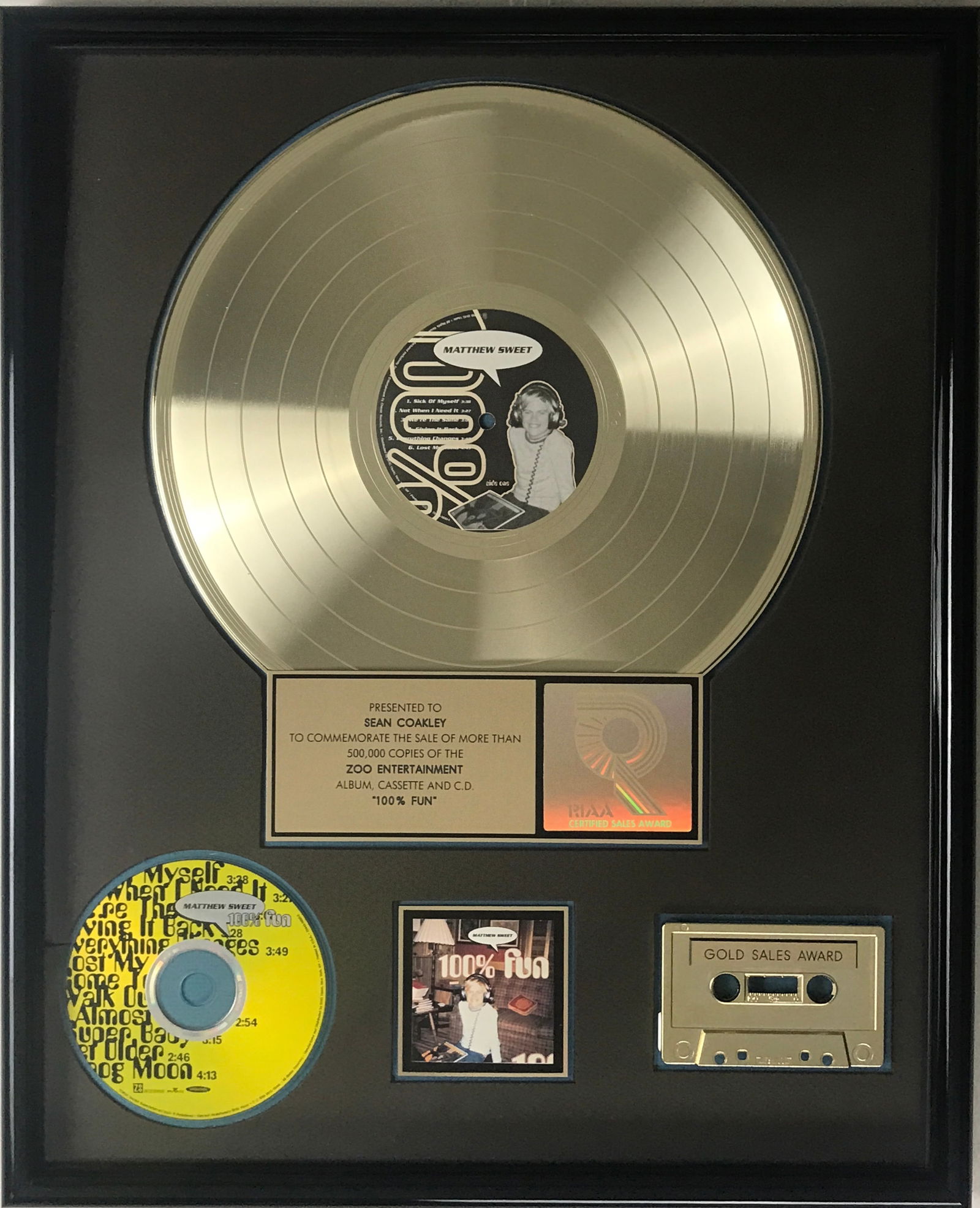 Matthew Sweet 100% Fun RIAA Gold Award-CHARITY ITEM: NOTE: 100% OF THE PROCEEDS FROM THIS ITEM (less payment processing and shipping costs) WILL GO TO MATTHEW SWEET'S GoFundMe TO AID IN HIS RECOVERY FROM A RECENT MEDICAL EMERGENCY. RIAA Gold Album Award