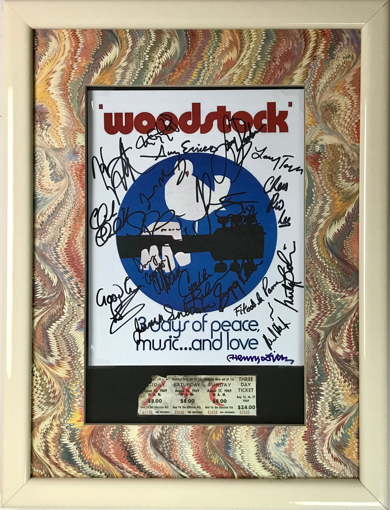 Woodstock Poster + Genuine Ticket Collage Signed By 20 Artists w/BAS COA (1 of 9)
