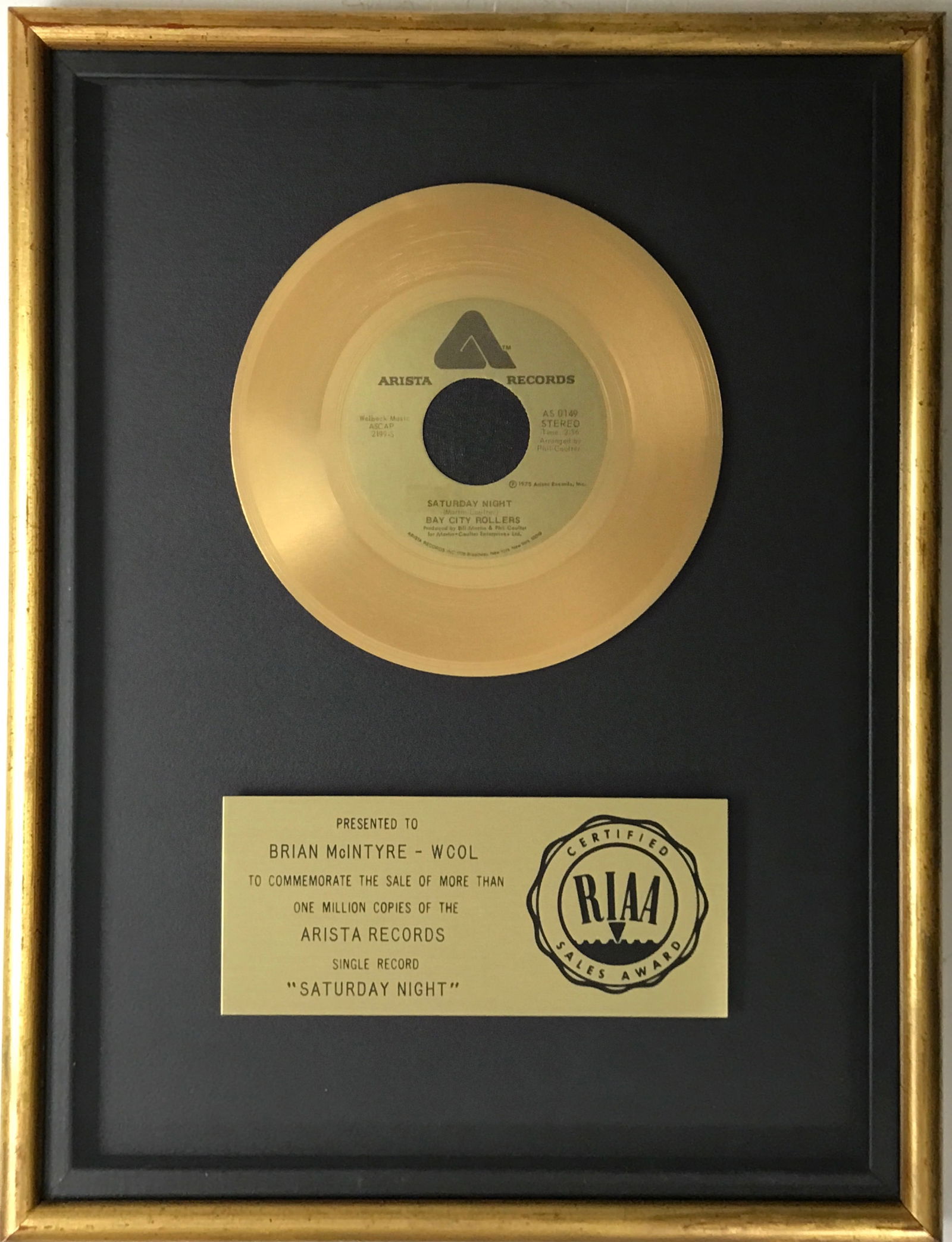 Bay City Rollers "Saturday Night" RIAA Gold 45 Award (1 of 5)