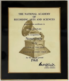 Beatles 1968 Grammy Nomination Plaque-Magical Mystery Tour to Beatles
