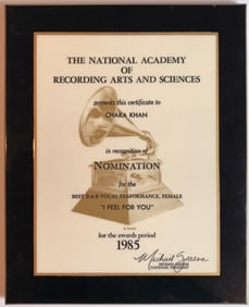 Chaka Khan 1985 Grammy Nomination "I Feel For You" to Chaka Khan - RARE