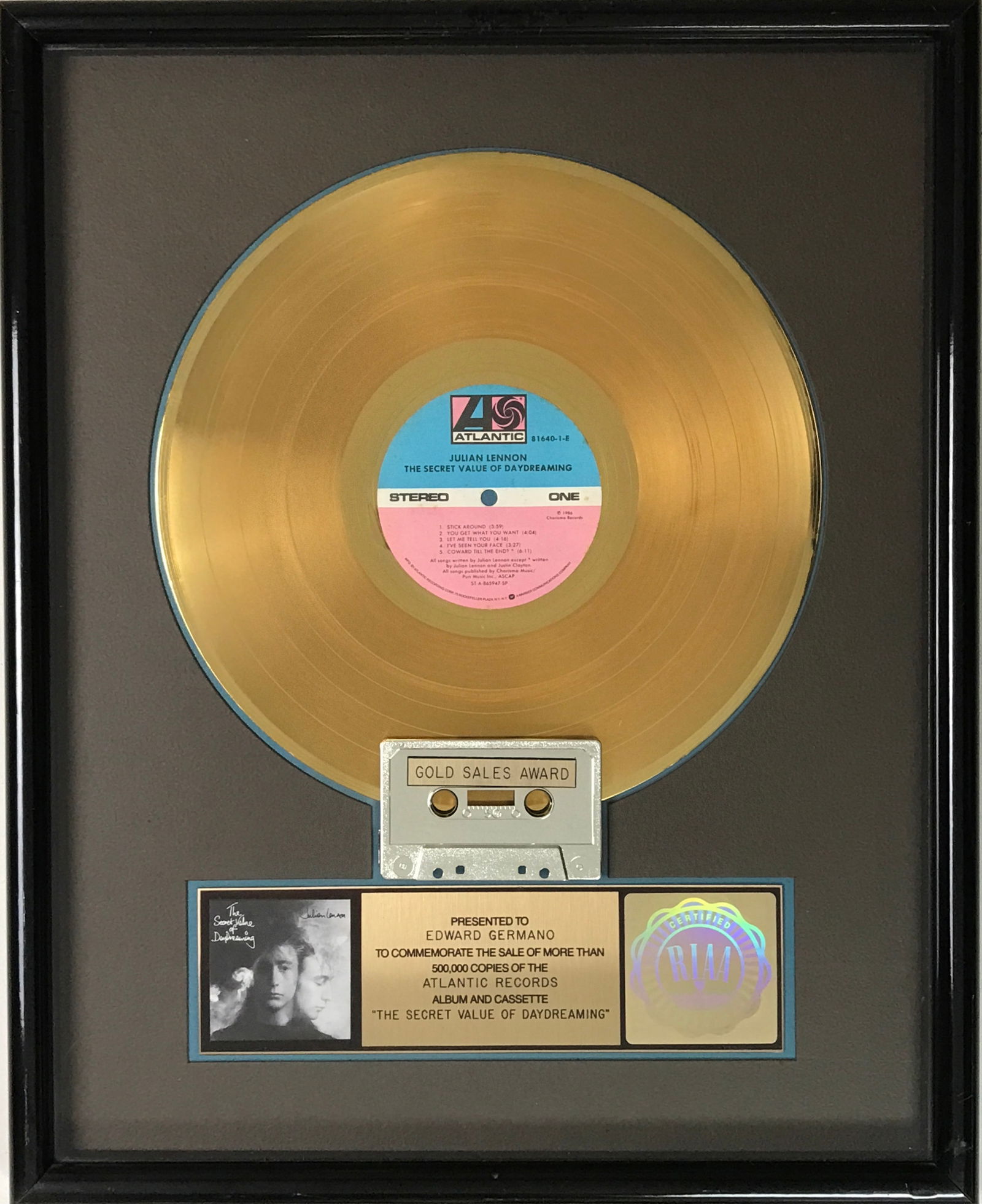 Julian Lennon The Secret Value Of Daydreaming RIAA Gold Album Award (1 of 6)