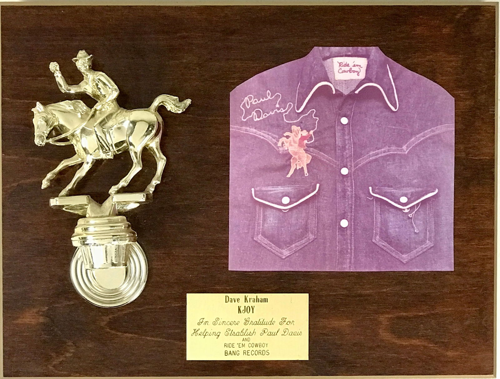 Paul Davis "Ride 'Em Cowboy" Bang Records Award (1 of 8)