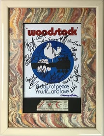 Woodstock Poster + Genuine Ticket Collage Signed By 20 Artists w/BAS COA