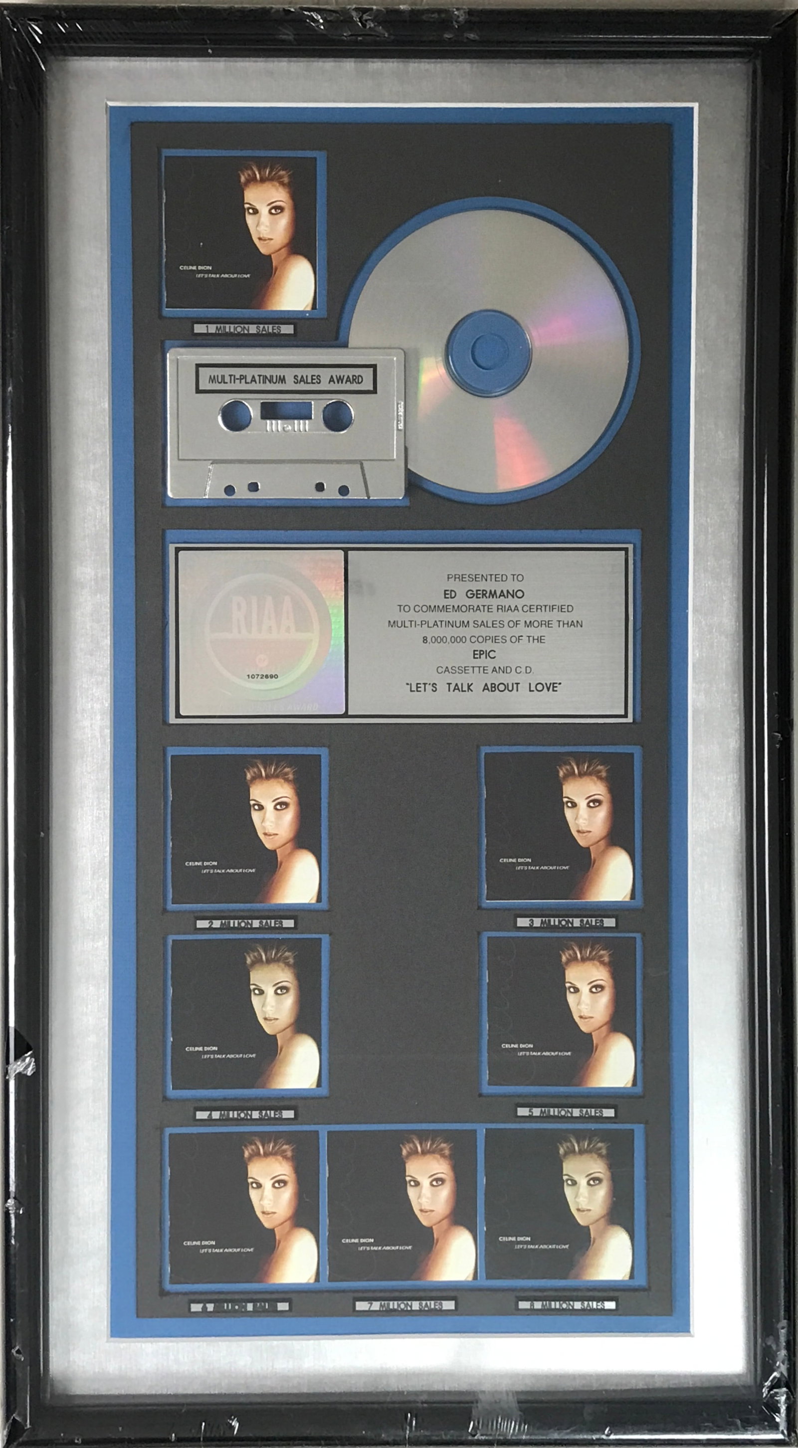 Celine Dion Let's Talk About Love RIAA 8x Platinum Award- NEW, sealed (1 of 5)