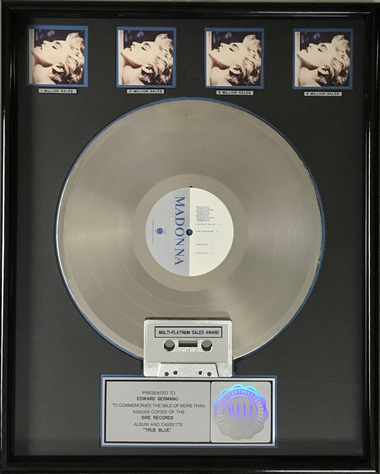 Madonna True Blue RIAA 4x Multi-Platinum Album Award (1 of 7)