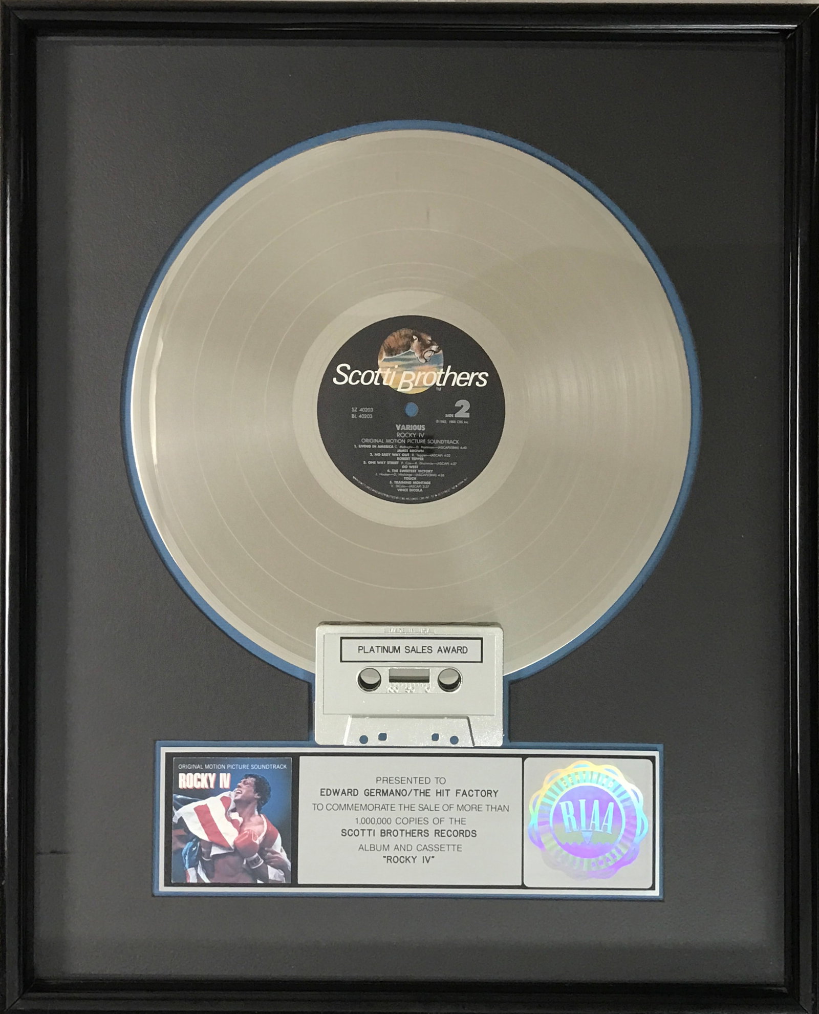 Rocky IV Soundtrack RIAA Platinum Album Award: RIAA Platinum album award for the Rocky IV soundtrack. This soundtrack album was released on October 18, 1985 and was certified Platinum by the RIAA on February 21, 1986 for one million copies sold. T