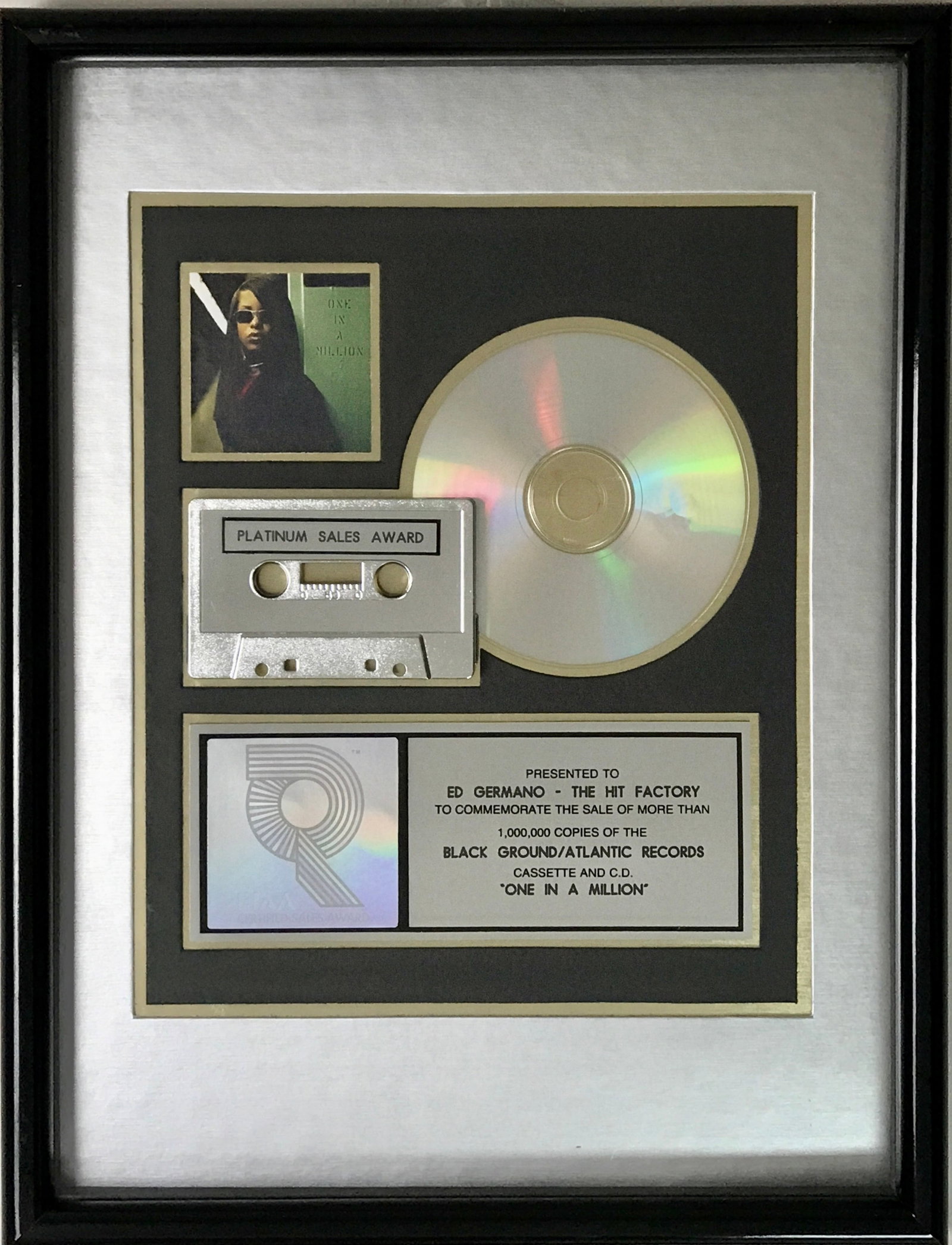 Aaliyah One In A Million RIAA Platinum Album Award: RIAA Platinum Album Award for the Aaliyah album One In A Million. The album was released on Aug. 5, 1996 and certified Platinum by the RIAA for one million copies sold on Feb. 5, 1997. Remember Aaliya