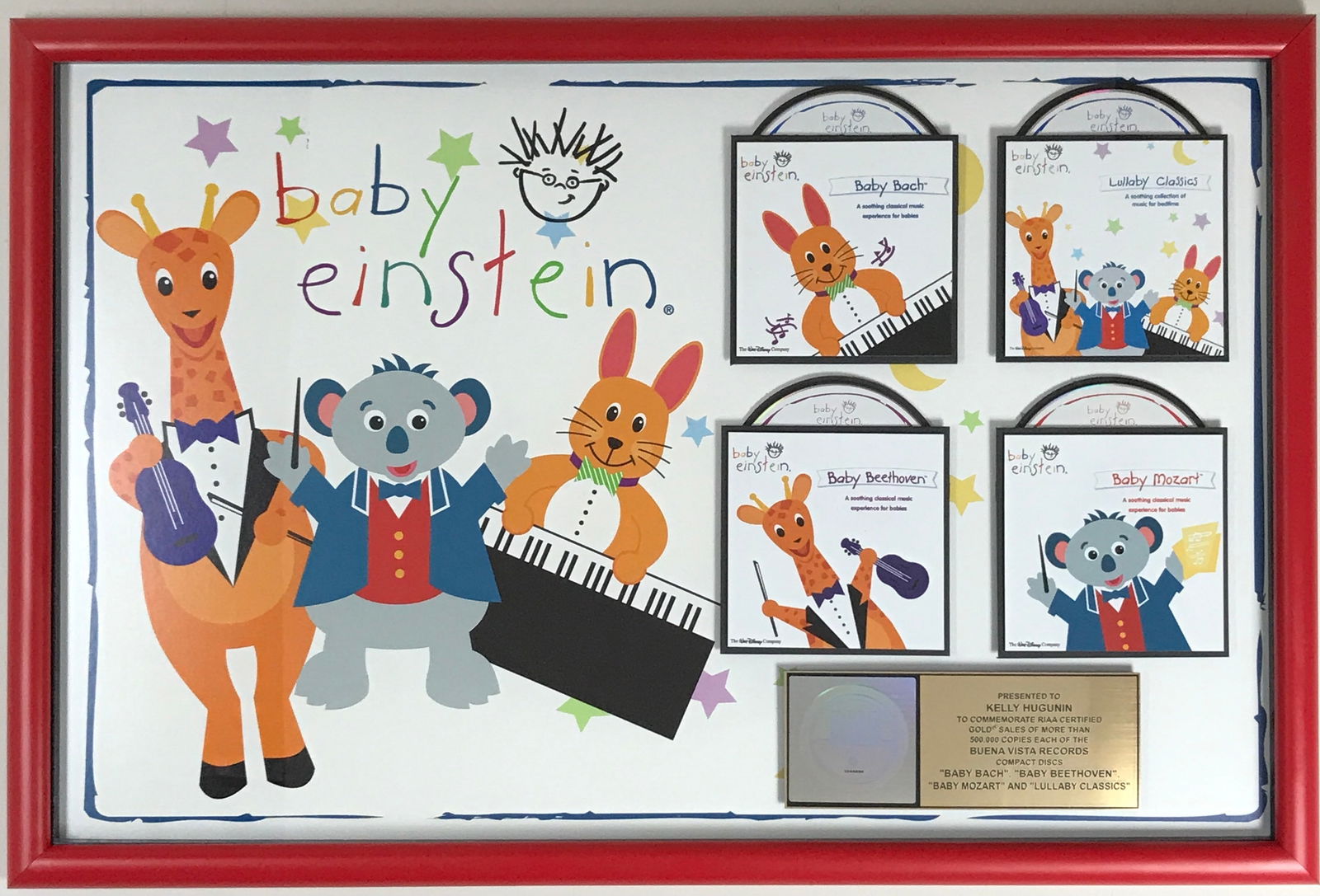 Baby Einstein Series Disney RIAA Gold Album Award: RIAA combo Gold album award for the Baby Einstein series of Bach, Beethoven, Mozart and Lullabies releases. The Bach, Beethoven and Mozart albums were released on May 7, 2002,