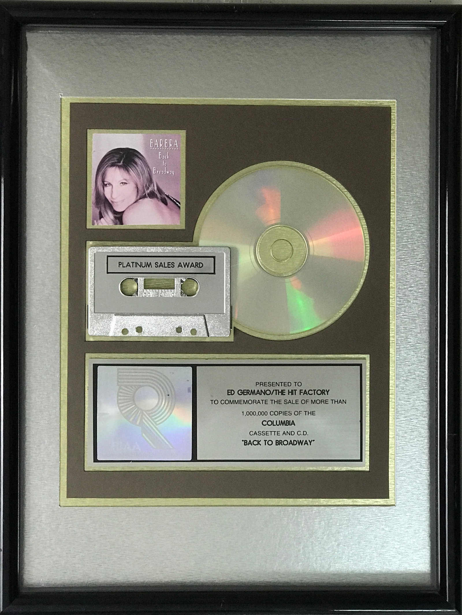 Barbra Streisand Back To Broadway RIAA Platinum Album Award: RIAA Platinum Album Award for Barbra Streisand album Back To Broadway. Released on June 25, 1993, the album was certified Platinum by the RI