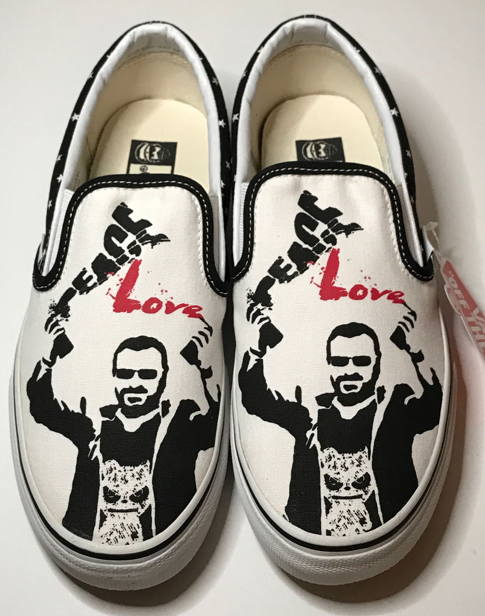 Ringo Starr Peace & Love Rare Vans Mid-2010s Slip-Ons - NEW In Box: Ringo Starr Peace & Love Vans "Off The Wall" Mid-2010s Slip-Ons. Unisex: U.S. Men's Size 8/Women's Size 9.5. Printed with the Ringo's custom Peace & Love graphics. Obtained directly from a for