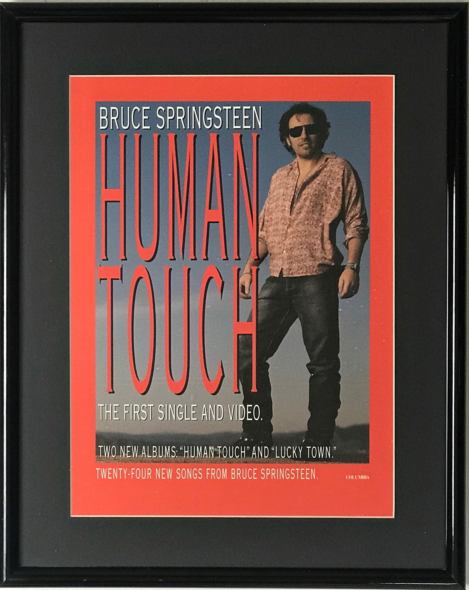 Bruce Springsteen 1992 Human Touch Promo Poster: Framed Bruce Springsteen Human Touch album Columbia Records 1992 promo poster. This poster was owned by Jerry Blair, a record executive at Columbia Records who played a key role in the success of arti