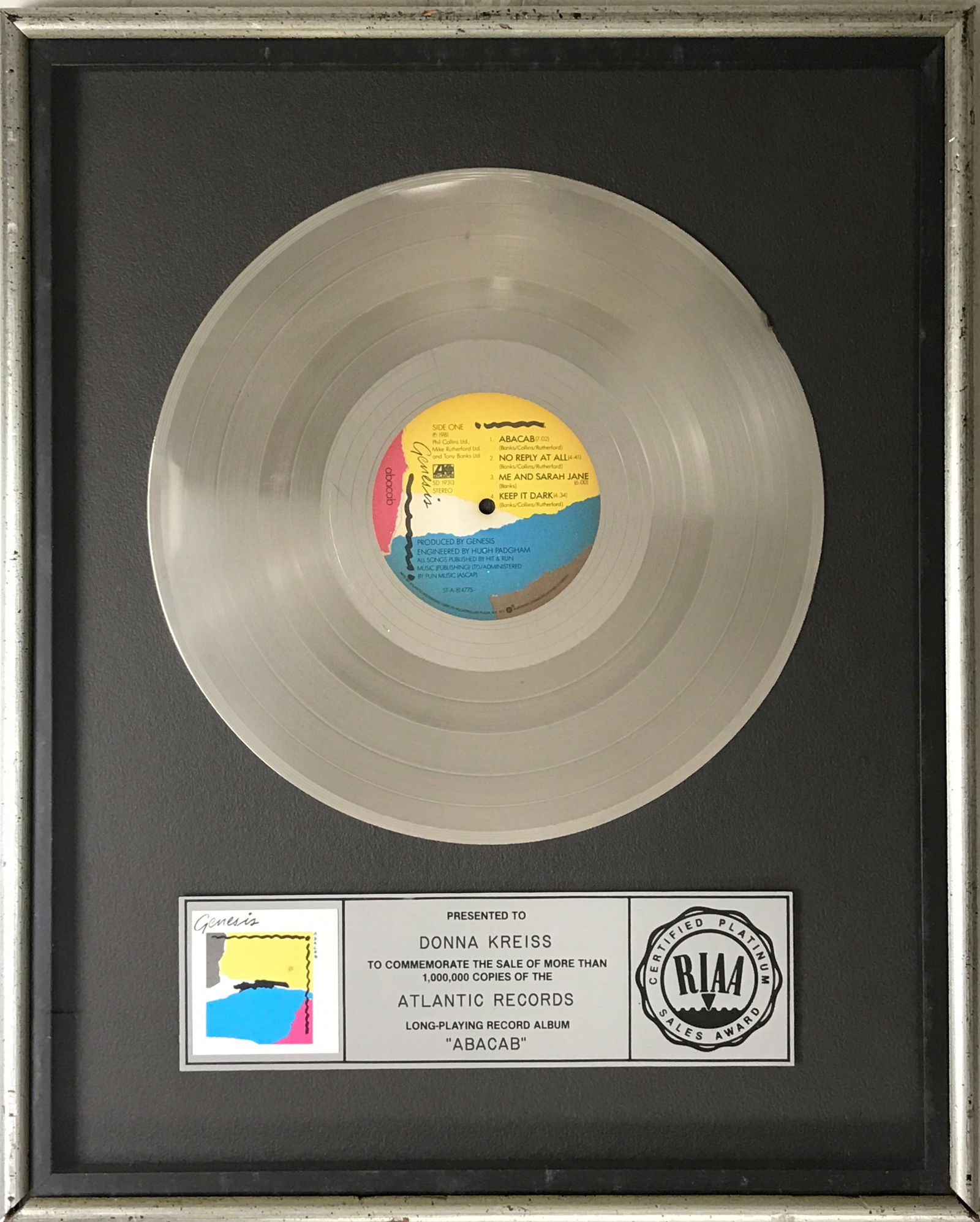 Genesis Abacab RIAA Platinum Album Award (1 of 7)