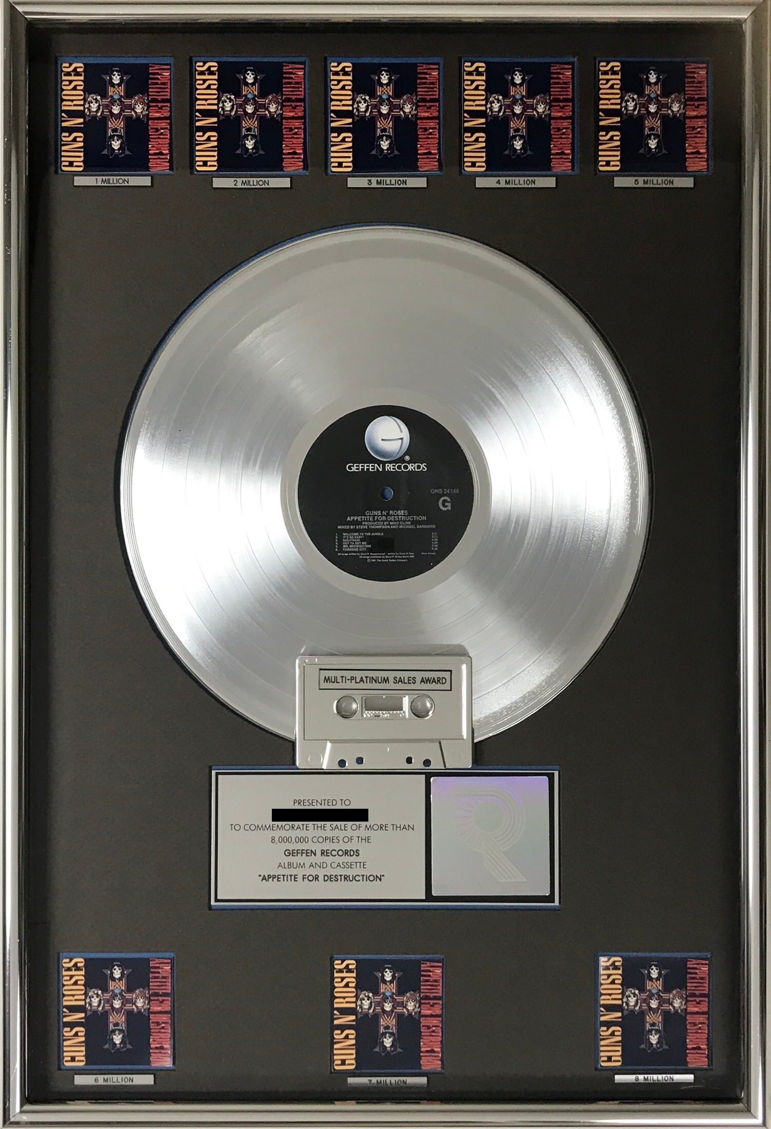 Guns N' Roses Appetite For Destruction RIAA 8x Multi-Platinum Award: RIAA 8x Multi-Platinum album award for Guns N' Roses debut album Appetite For Destruction. Appetite was released on July 21, 1987 and certified 8x Multi-Platinum by the RIAA on July 26, 1989 for eight