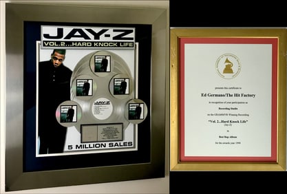 Jay-Z Vol. 2... Hard Knock Life RIAA 5x Multi-Platinum Album Award +Grammy Win Certificate