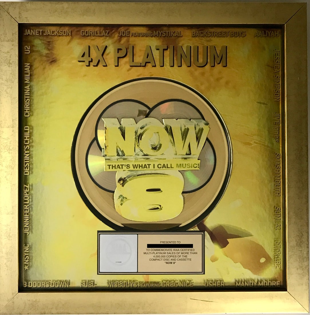 NOW 8 Multi-Artist 4x Multi-Platinum Award: RIAA 4x Multi-Platinum Album Award for multi-artist album NOW 8 (officially titled Now That's What I Call Music! 8). Released on Nov. 20, 2001 the album was certified 4x Multi-Platinum by the RIAA for