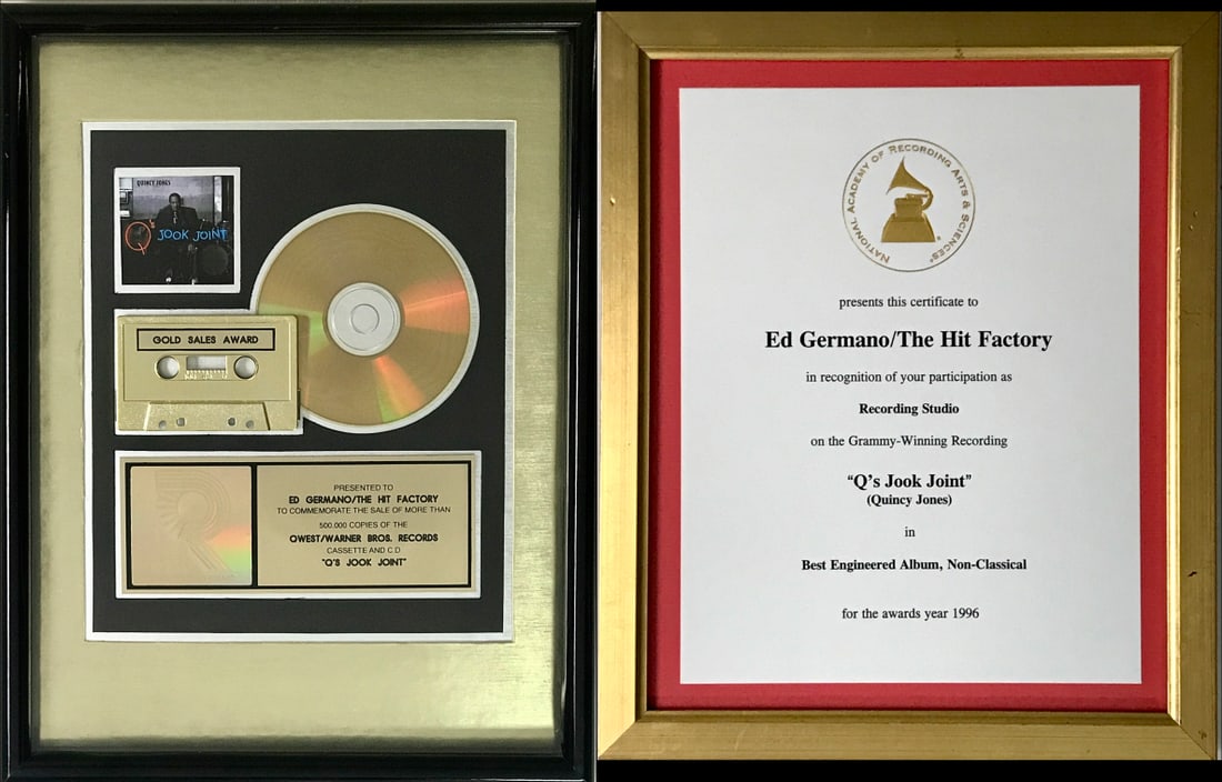 Quincy Jones Q's Jook Joint RIAA Gold Album Award + Grammy Win Certificate: RIAA Gold Album award for Quincy Jones album Q's Jook Joint plus Grammy® win certificate plaque for 1996 Best Engineered Album, Non-Classical. The album was released on N