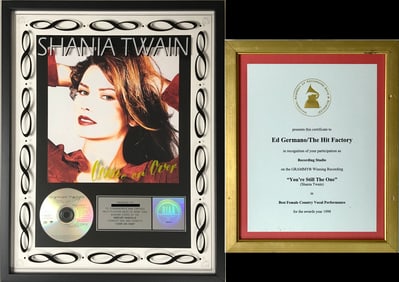 Shania Twain Come On Over RIAA 8x Multi-Platinum Album Award + Grammy Win Certificate