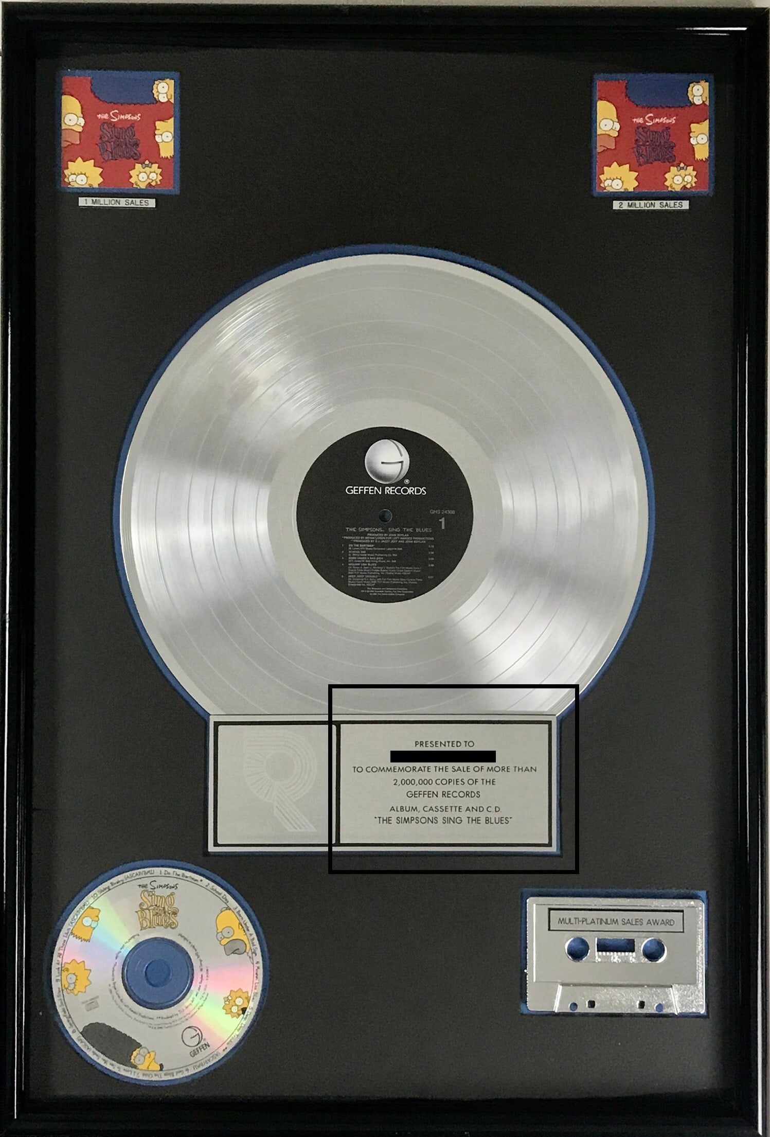 The Simpsons Sing The Blues RIAA 2x Multi-Platinum Album Award: RIAA 2x Multi-Platinum Award for The Simpsons album Sing The Blues. The album, featuring the characters of the uber-popular television series, came out on Nov. 30, 1990. It was certified 2x Multi-Plat